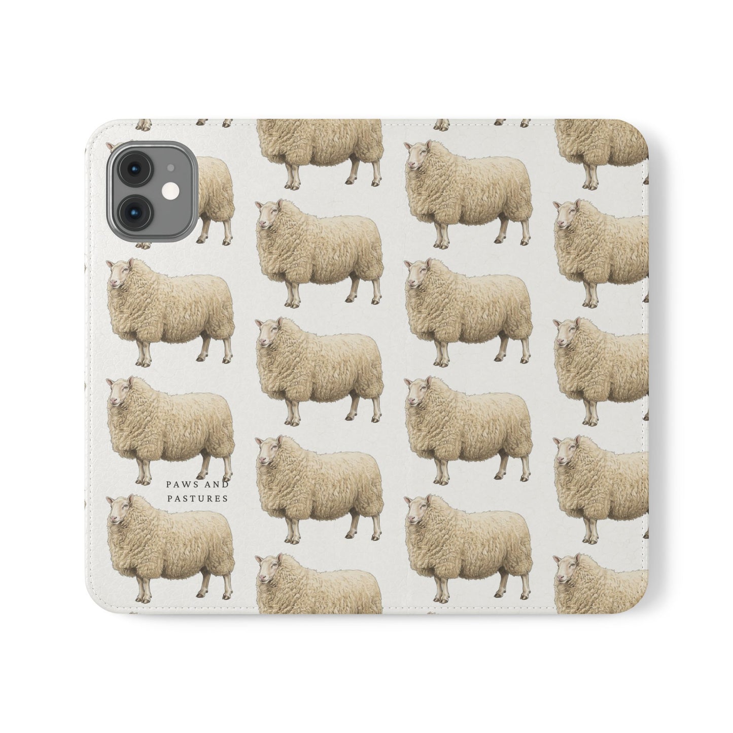 Cheviot Sheep Pattern Flip Phone Case – Cute Pastoral Wallet Cover with Card Slots