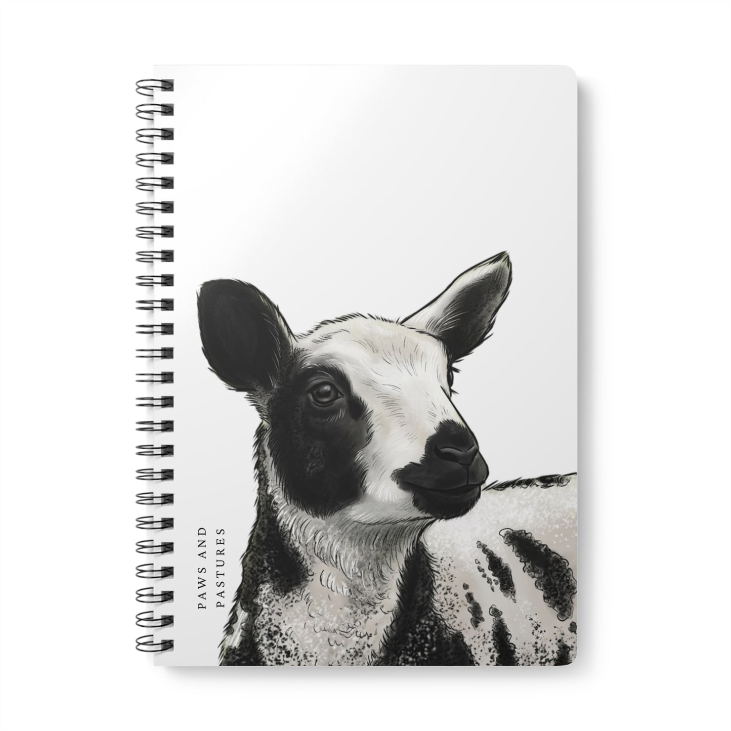 Dutch Spotted Sheep A5 Spiral Notebook — Black & White Lamb Illustration (“Paws and Pastures”)