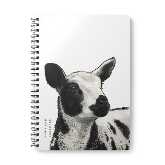 Dutch Spotted Sheep A5 Spiral Notebook — Black & White Lamb Illustration (“Paws and Pastures”)