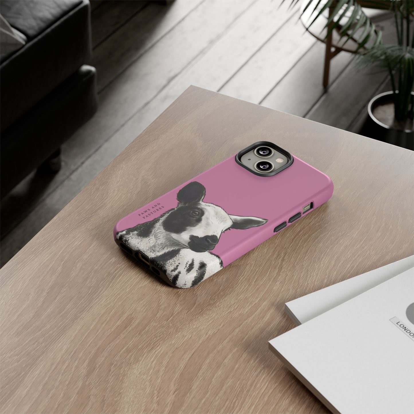 Pink Dutch Spotted Sheep Portrait Phone Case - Black & White Lamb Illustration Protective Cover