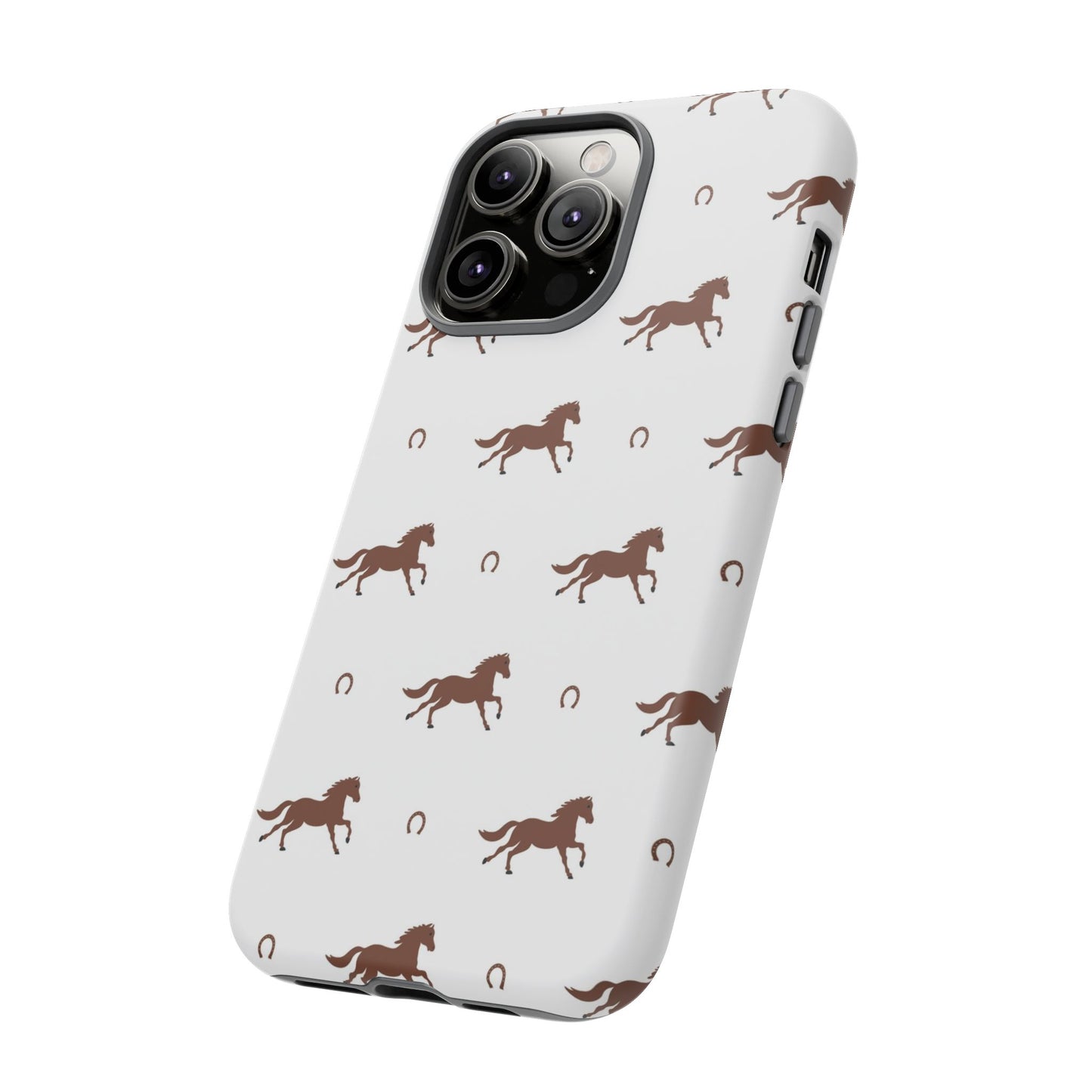 Horse Pattern Tough Phone Case — Brown Galloping Horses & Horseshoes on White