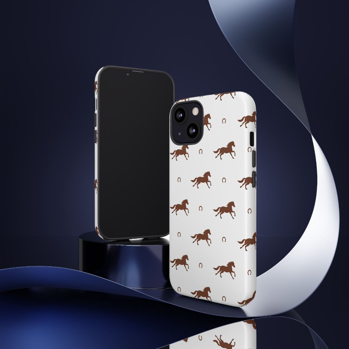 Horse Pattern Tough Phone Case — Brown Galloping Horses & Horseshoes on White