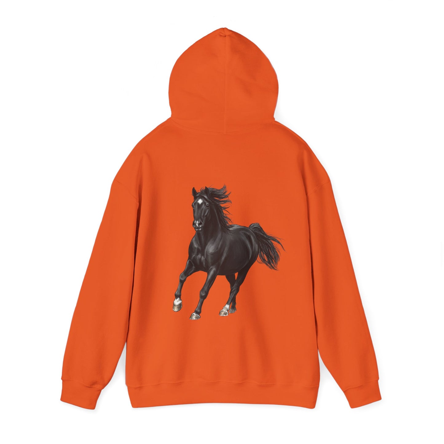 Horse Graphic Hoodie — Black Stallion Back Print, Minimal Front Text
