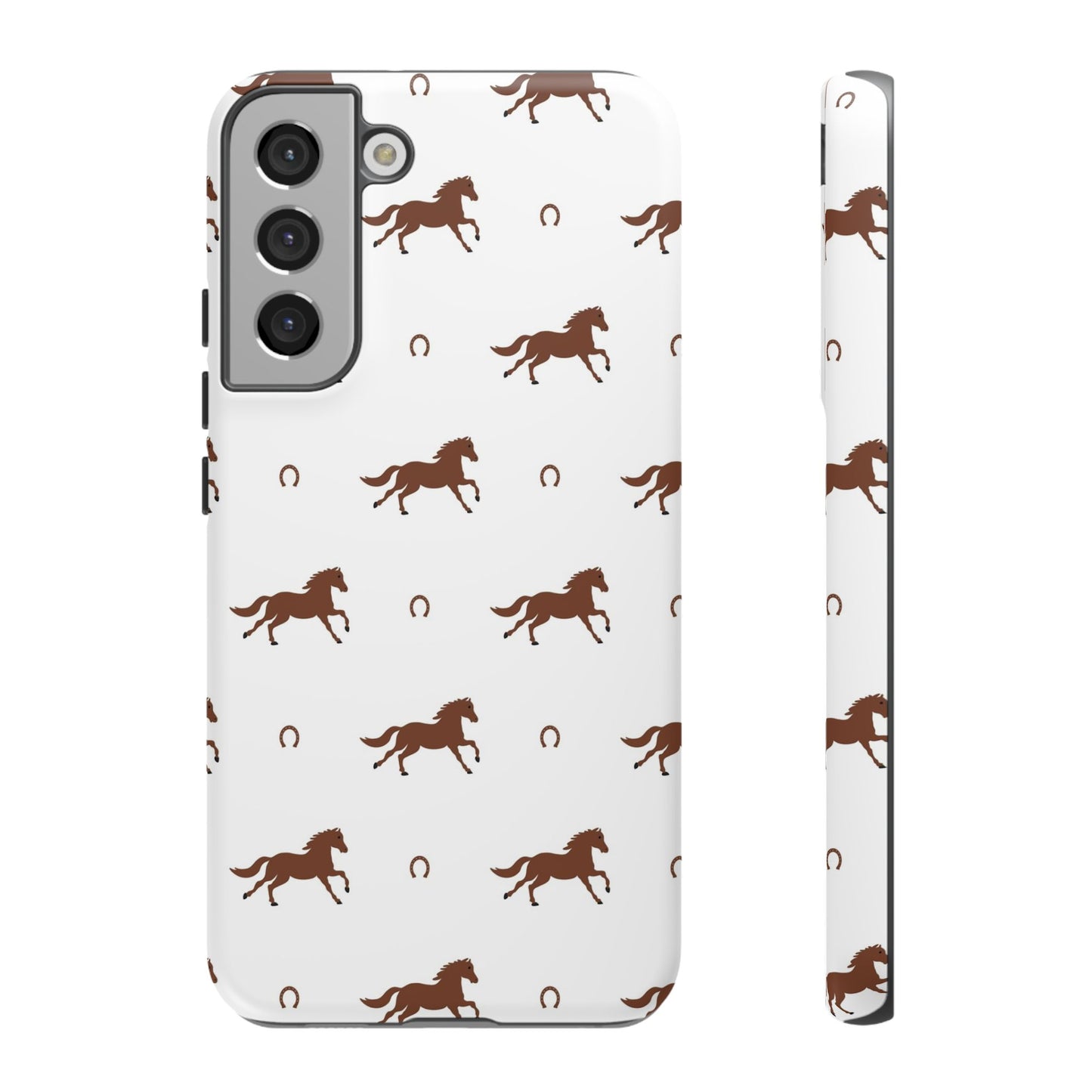 Horse Pattern Tough Phone Case — Brown Galloping Horses & Horseshoes on White