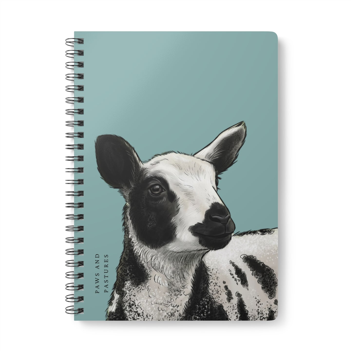 Teal Dutch Spotted Sheep A5 Spiral Notebook — Black & White Lamb Illustration (“Paws and Pastures”)