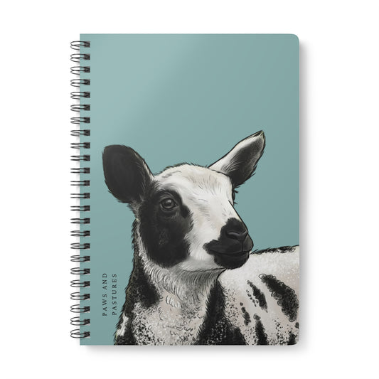 Teal Dutch Spotted Sheep A5 Spiral Notebook — Black & White Lamb Illustration (“Paws and Pastures”)