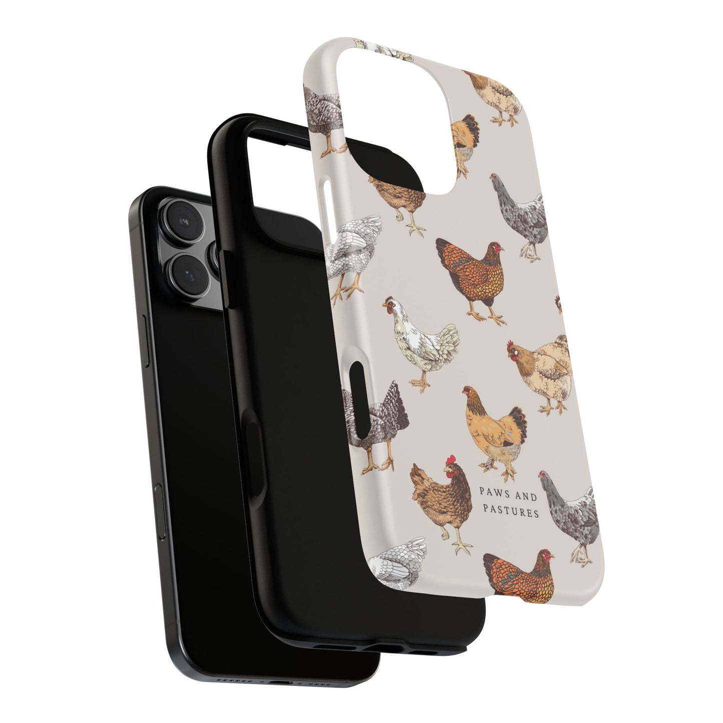 Chicken Pattern Phone Case — Cute Farmyard iPhone Case with 'Paws and Pastures' Text