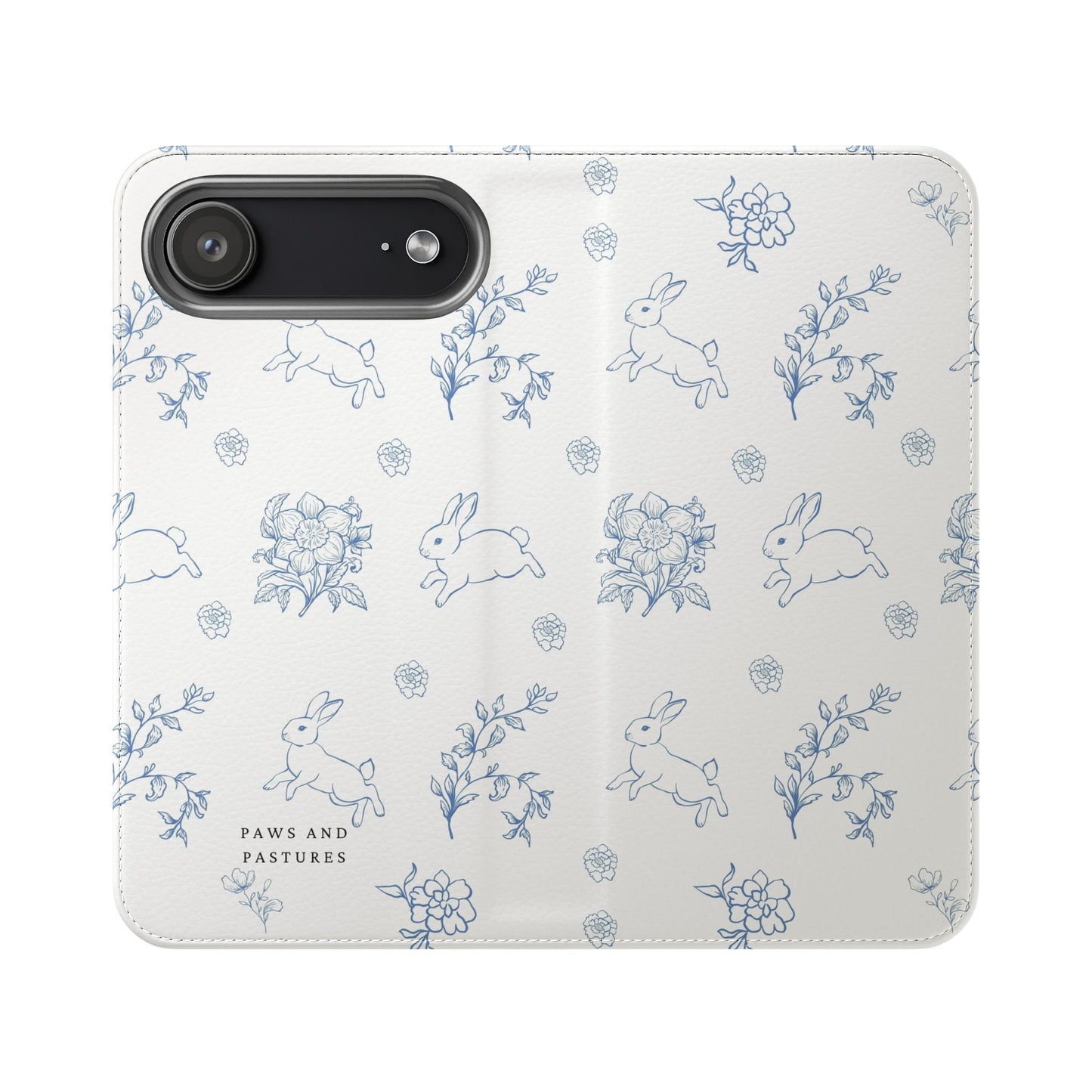 Bunny Pattern Flip Phone Case – Floral Blue Rabbit Wallet Cover