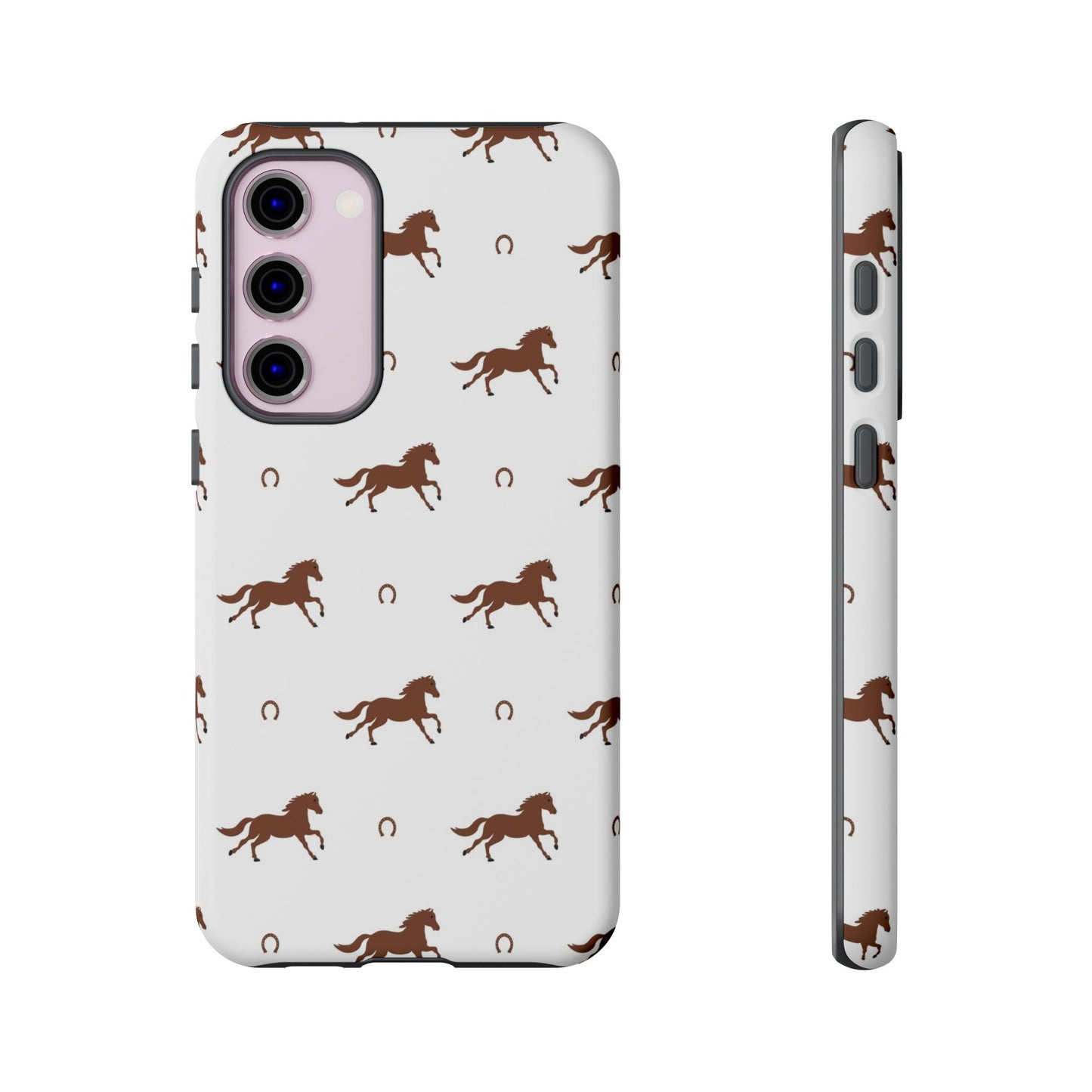 Horse Pattern Tough Phone Case — Brown Galloping Horses & Horseshoes on White