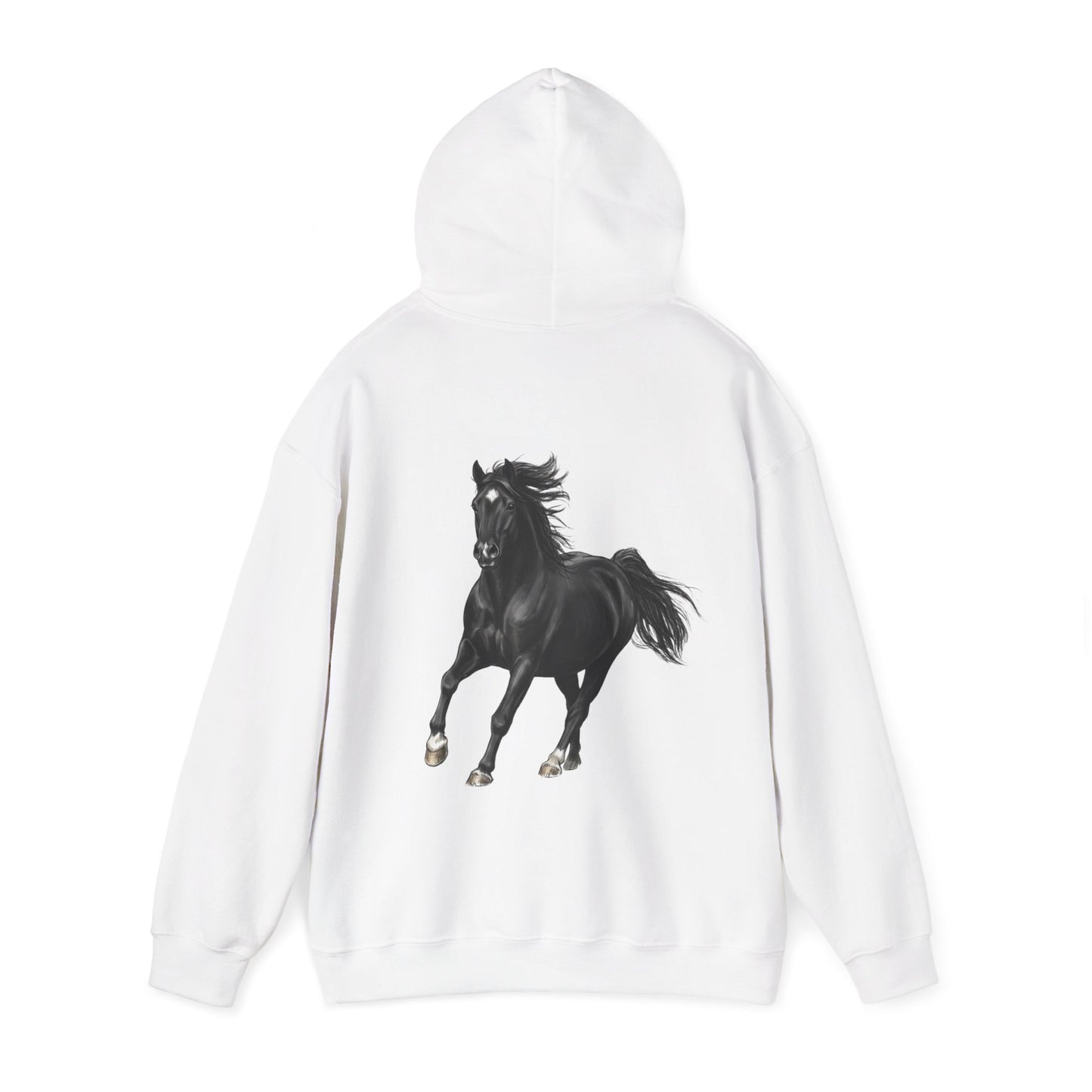 Horse Graphic Hoodie — Black Stallion Back Print, Minimal Front Text