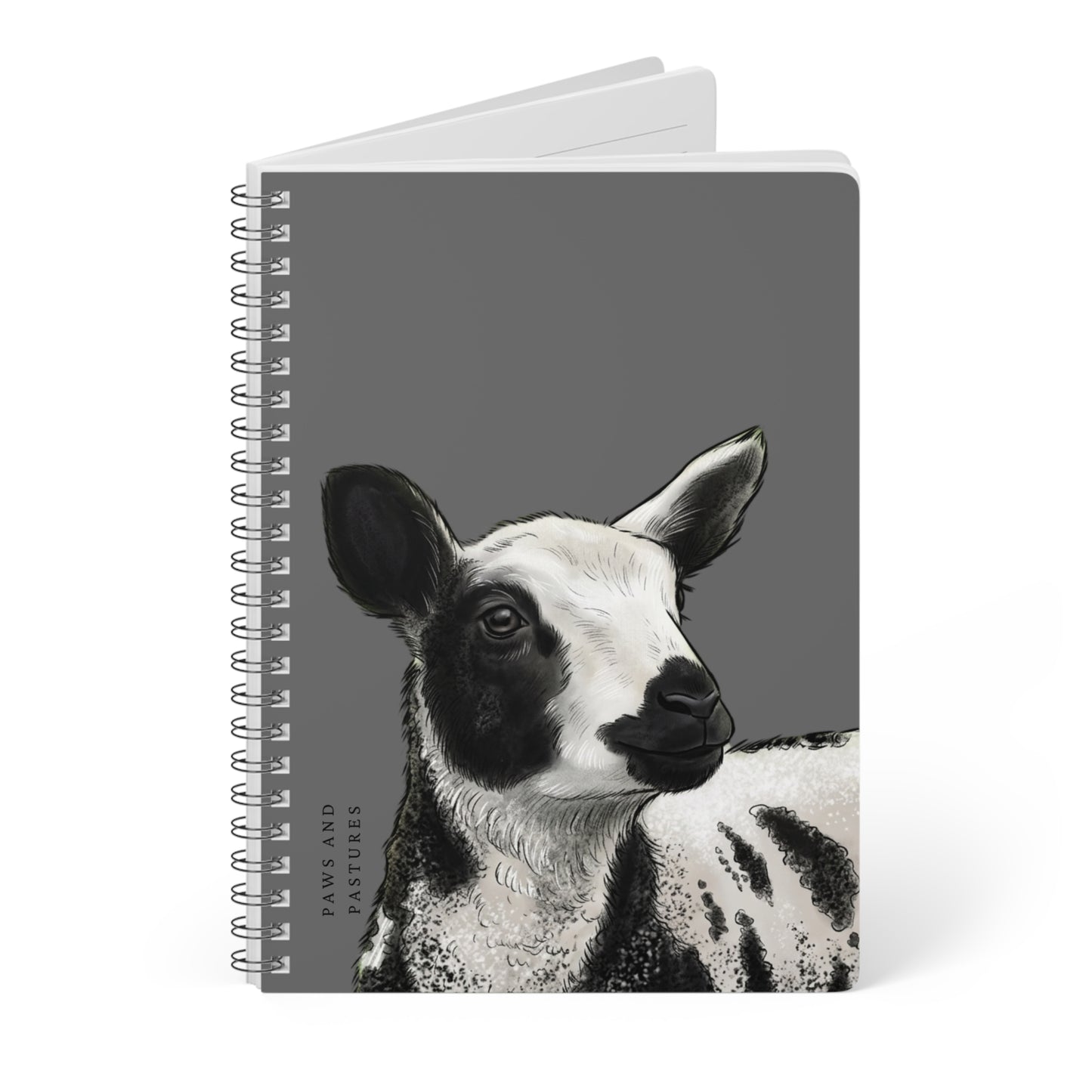 Grey Dutch Spotted Sheep A5 Spiral Notebook — Black & White Lamb Illustration (“Paws and Pastures”)