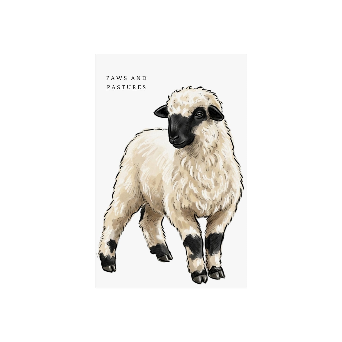 Valais Blacknose Sheep Portrait Fine Art Poster — 'Paws and Pastures' Rustic Farmhouse Wall Art
