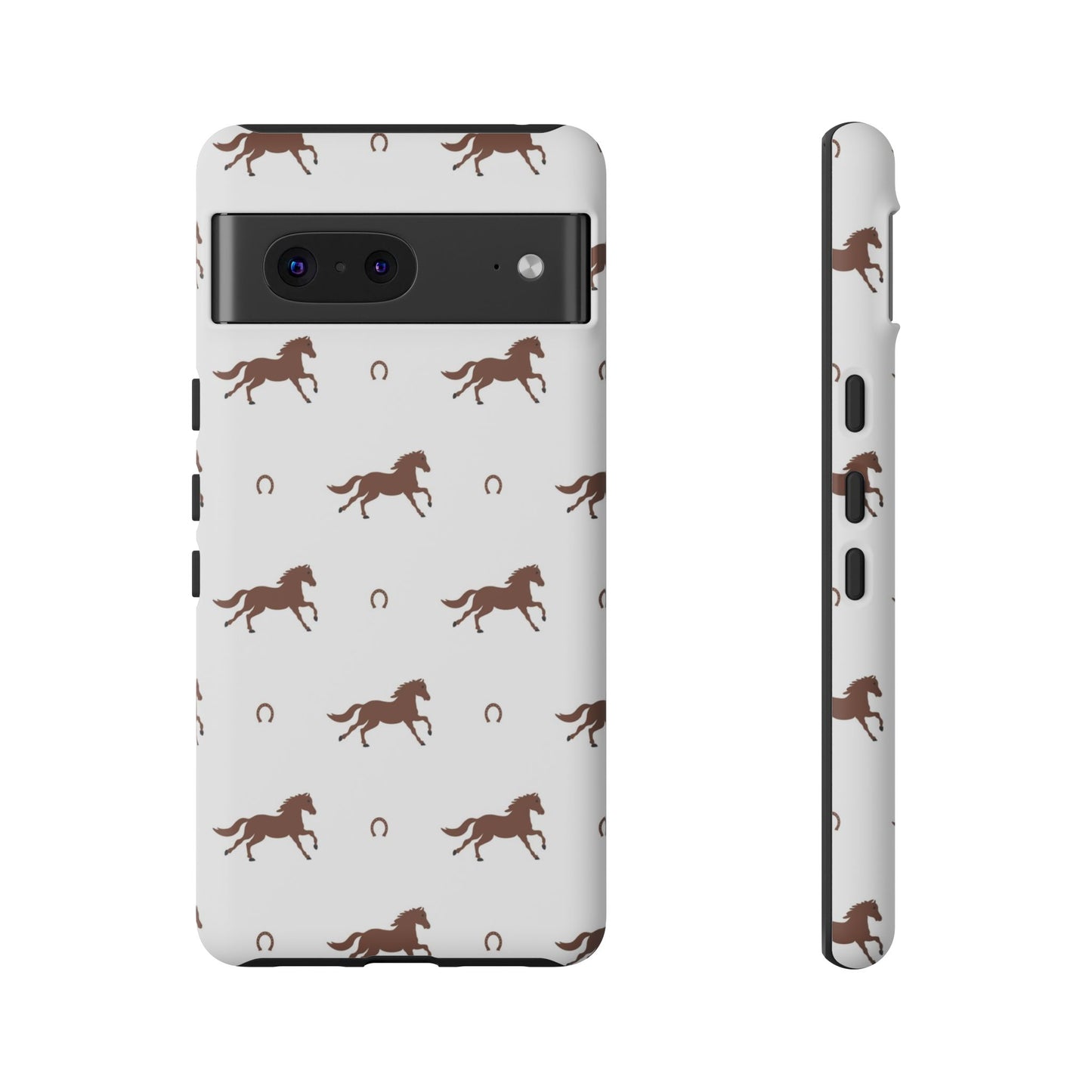 Horse Pattern Tough Phone Case — Brown Galloping Horses & Horseshoes on White