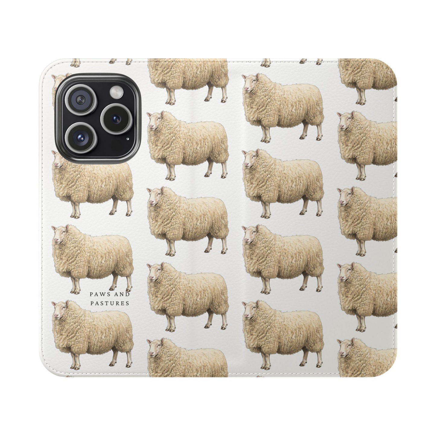 Cheviot Sheep Pattern Flip Phone Case – Cute Pastoral Wallet Cover with Card Slots