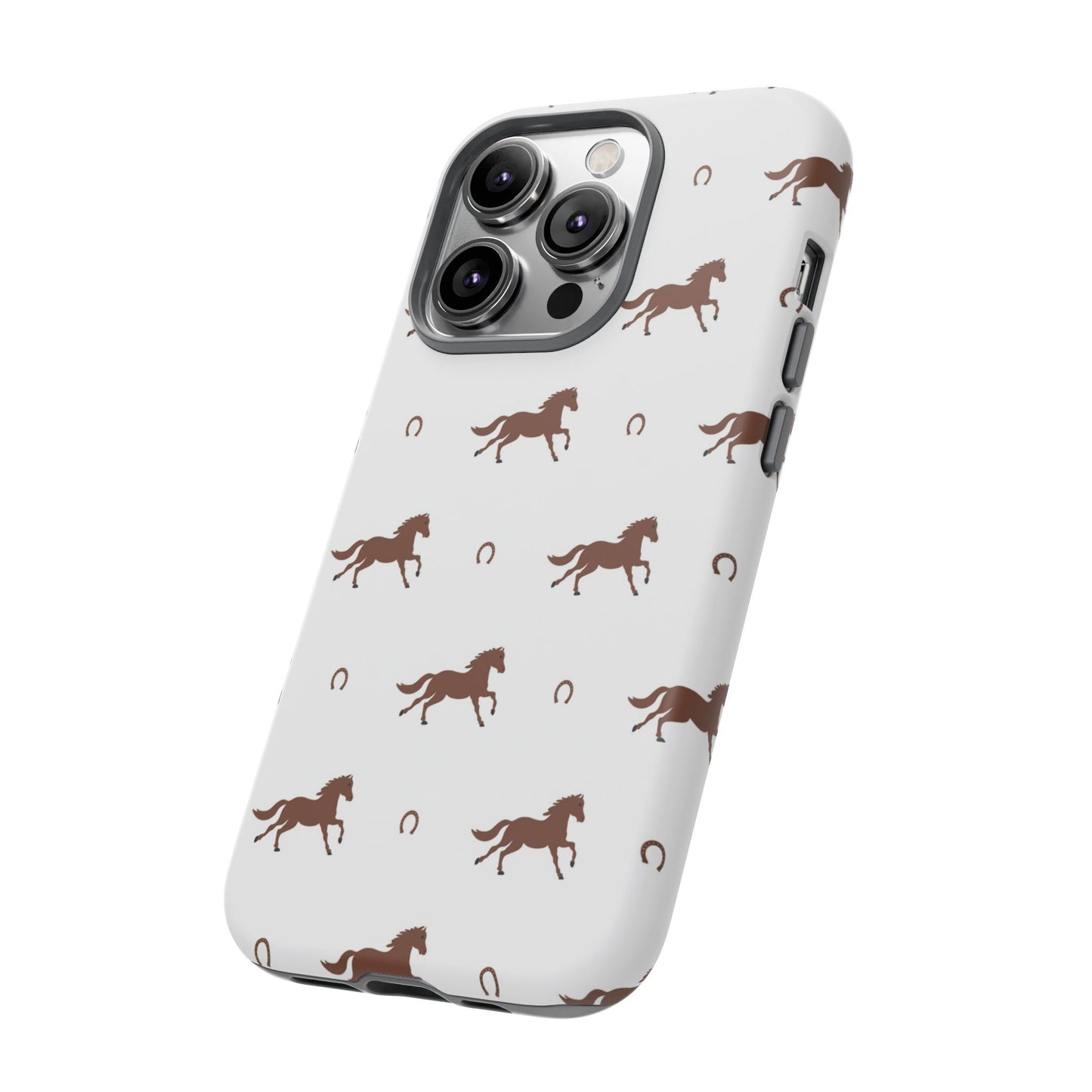 Horse Pattern Tough Phone Case — Brown Galloping Horses & Horseshoes on White