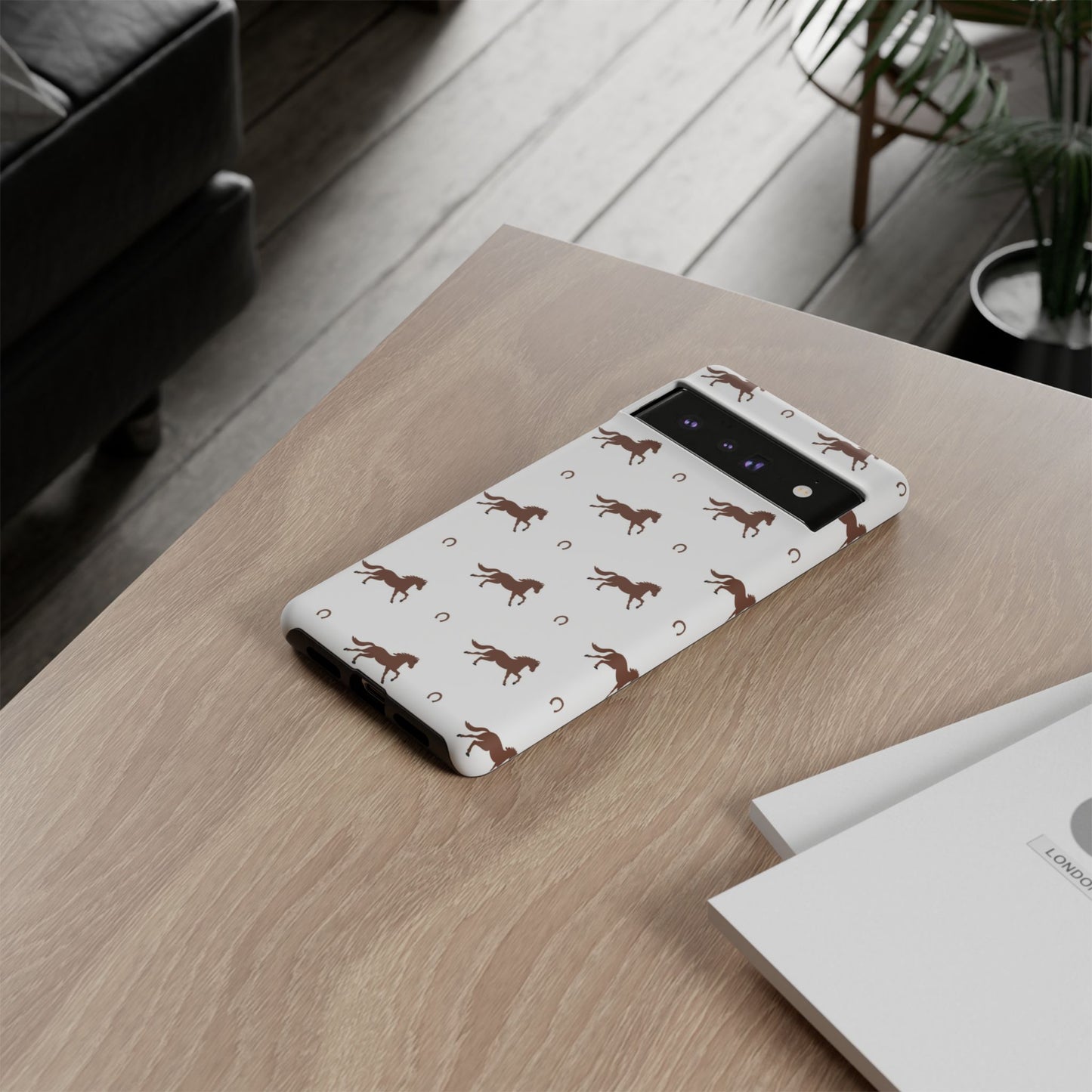 Horse Pattern Tough Phone Case — Brown Galloping Horses & Horseshoes on White