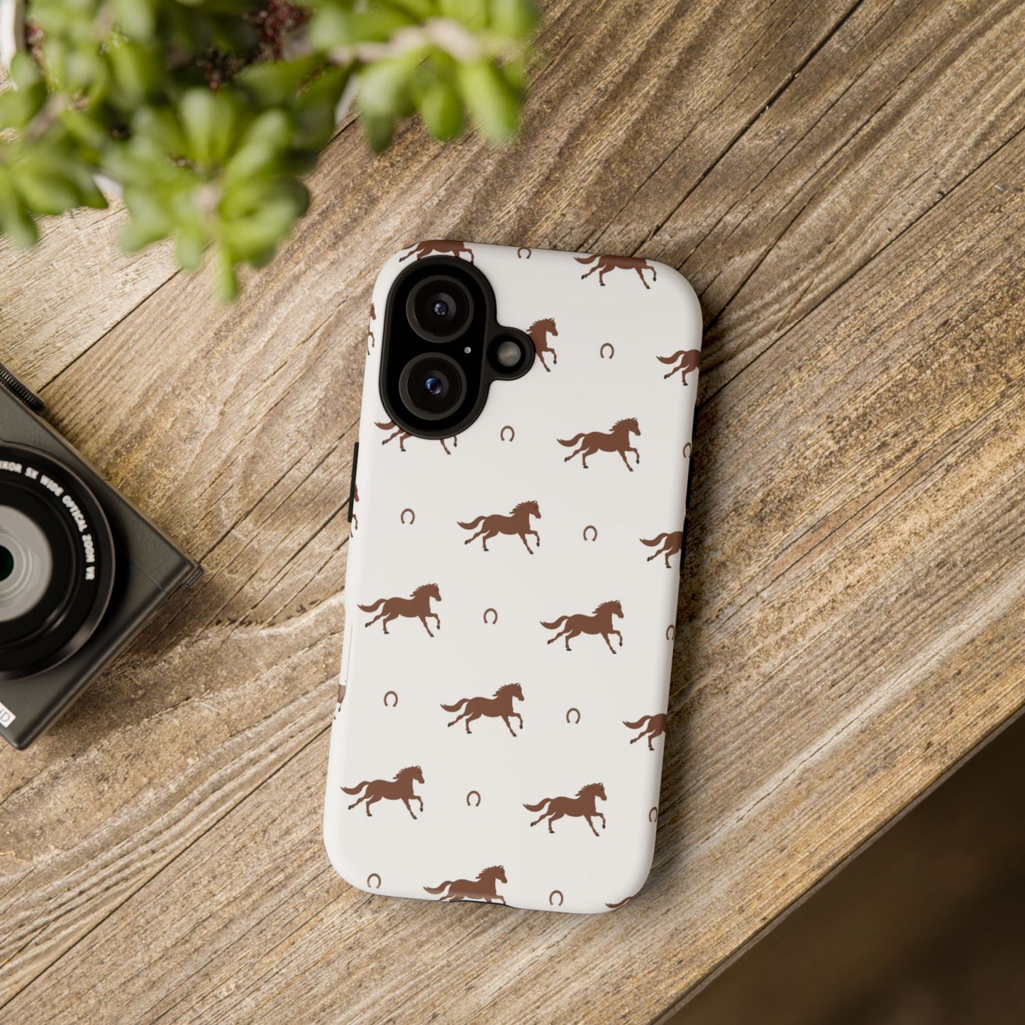 Horse Pattern Tough Phone Case — Brown Galloping Horses & Horseshoes on White