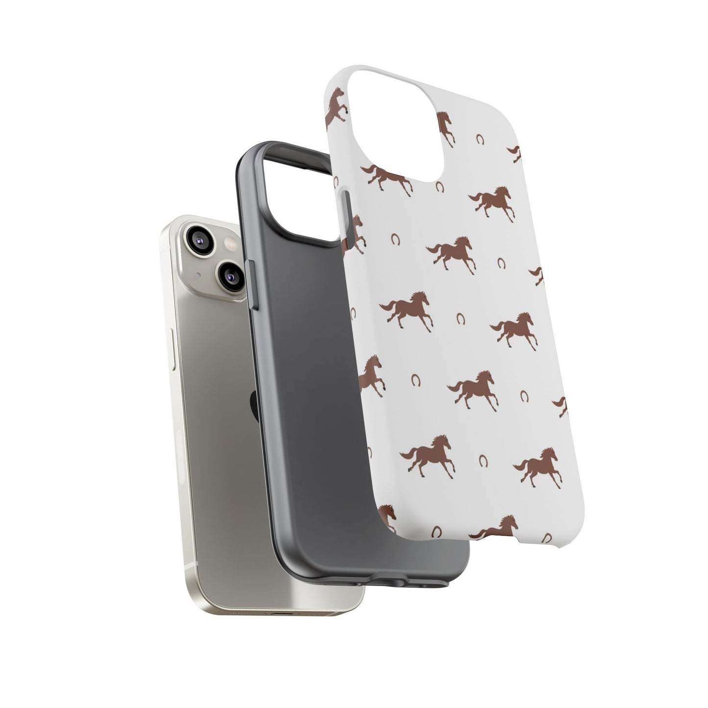 Horse Pattern Tough Phone Case — Brown Galloping Horses & Horseshoes on White