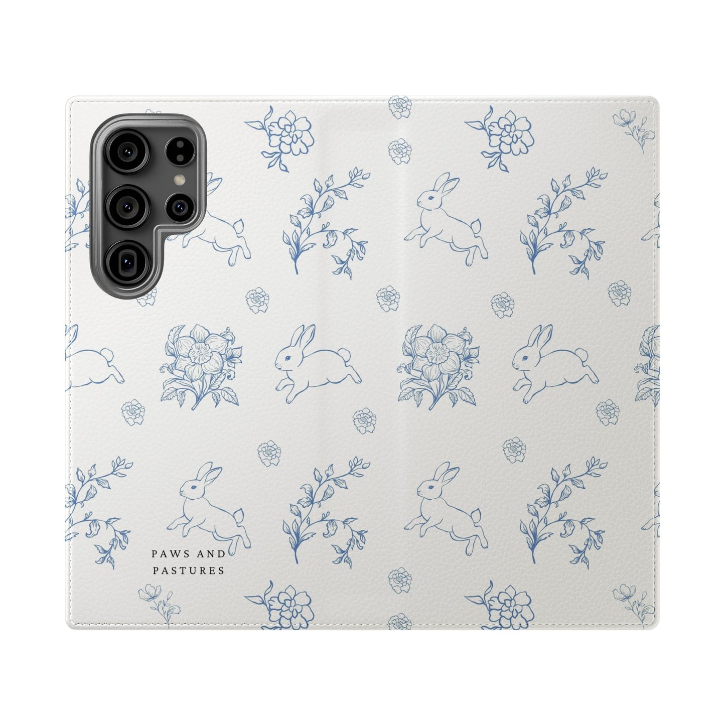 Bunny Pattern Flip Phone Case – Floral Blue Rabbit Wallet Cover