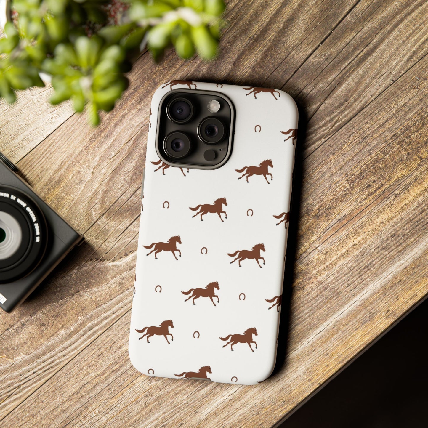 Horse Pattern Tough Phone Case — Brown Galloping Horses & Horseshoes on White
