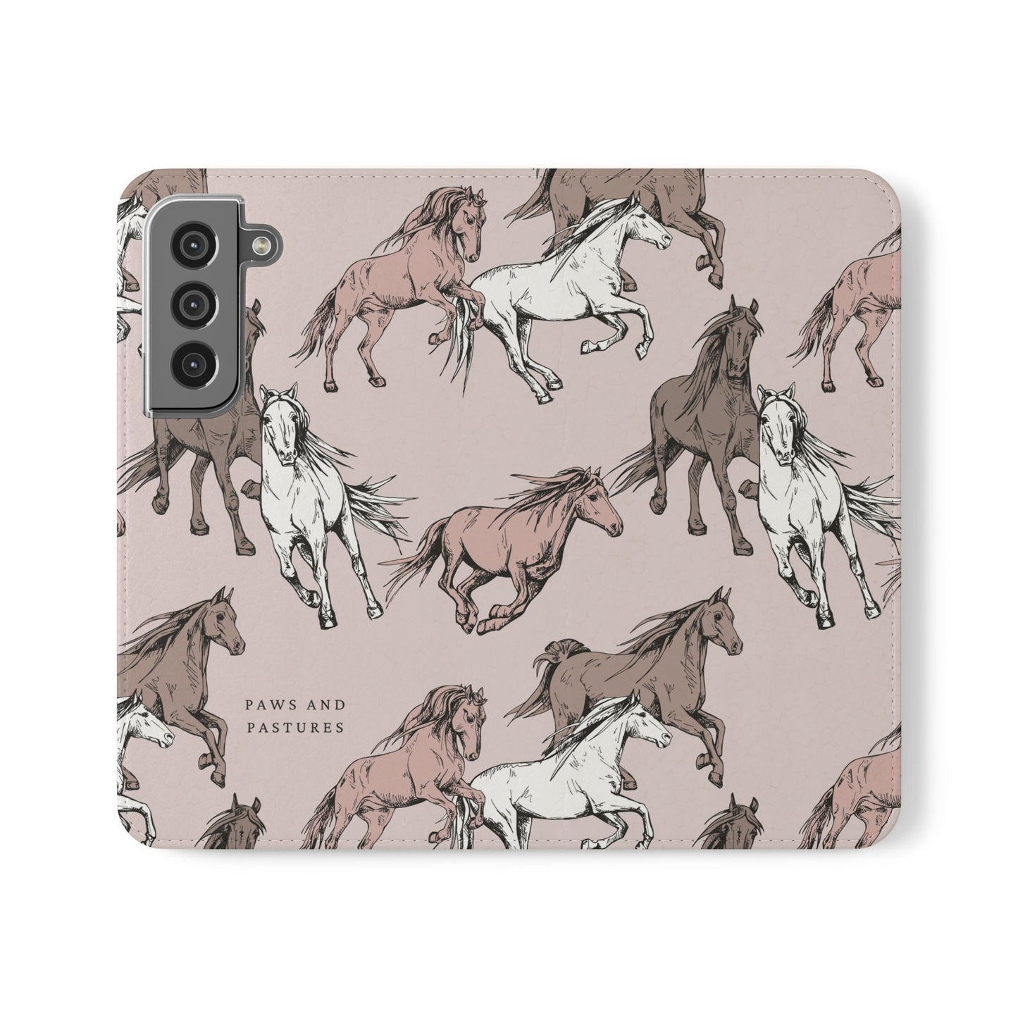 Horse Pattern Flip Phone Case — Pink Running Horses Wallet Cover