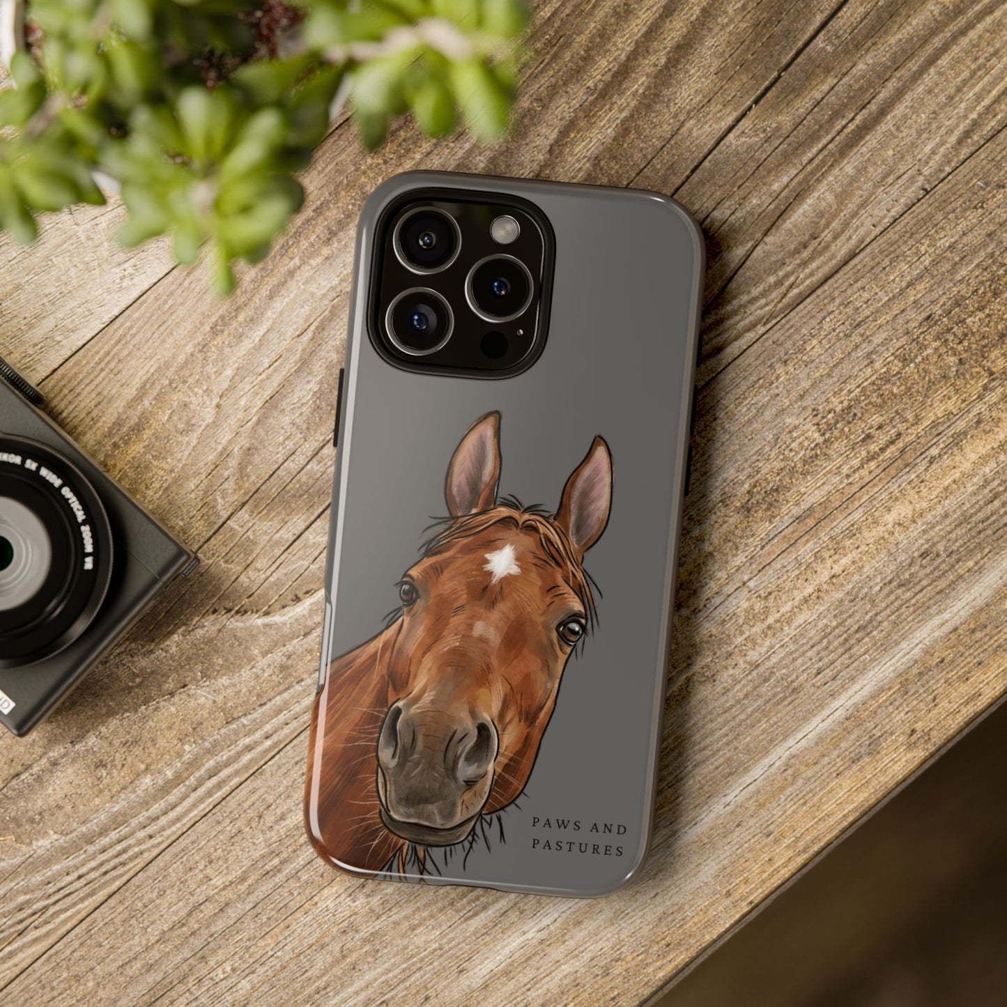 Grey Horse Portrait Tough Phone Case — Cute Brown Horse Illustration on Gray