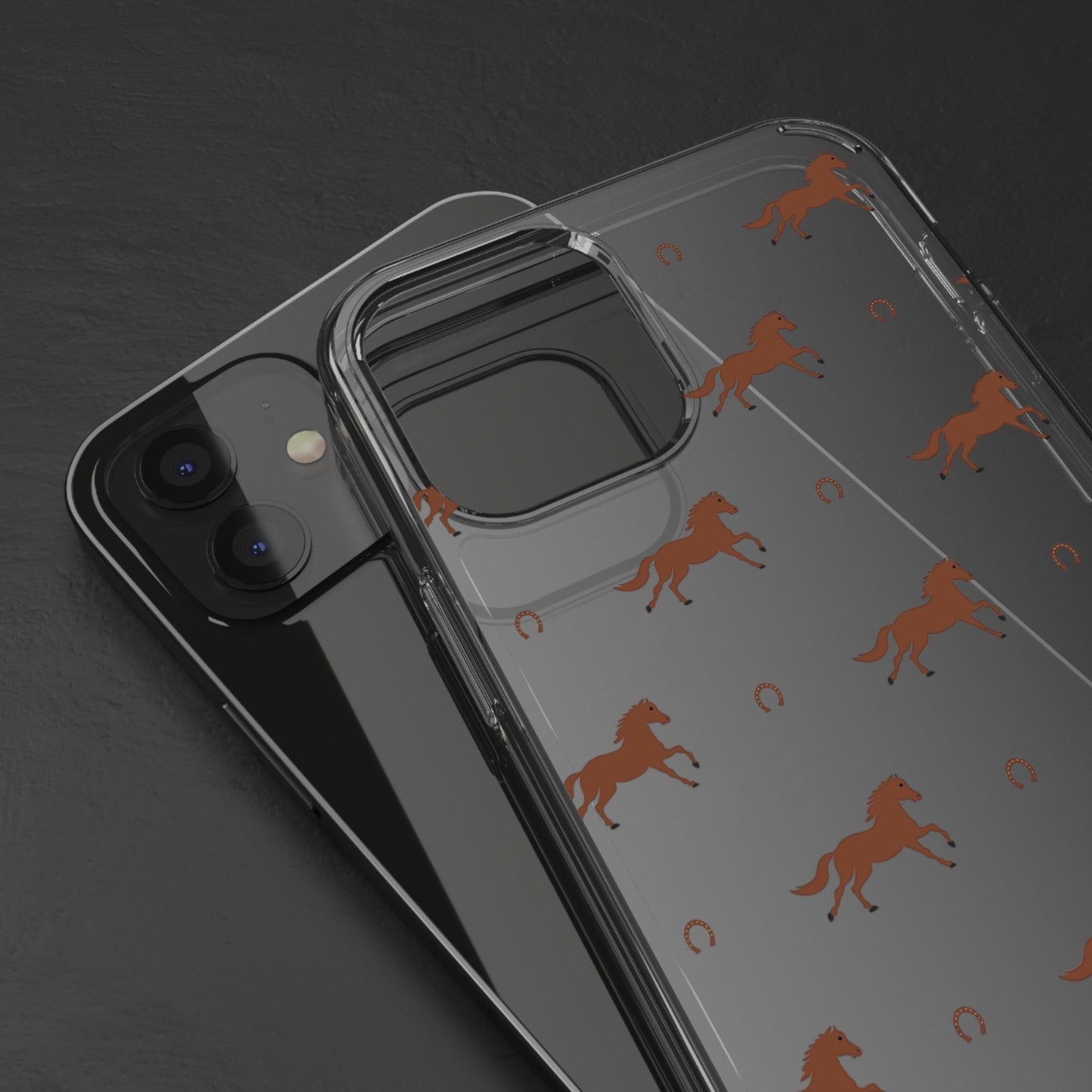 Horse Pattern Clear Phone Case — Equestrian Horses & Horseshoes Design