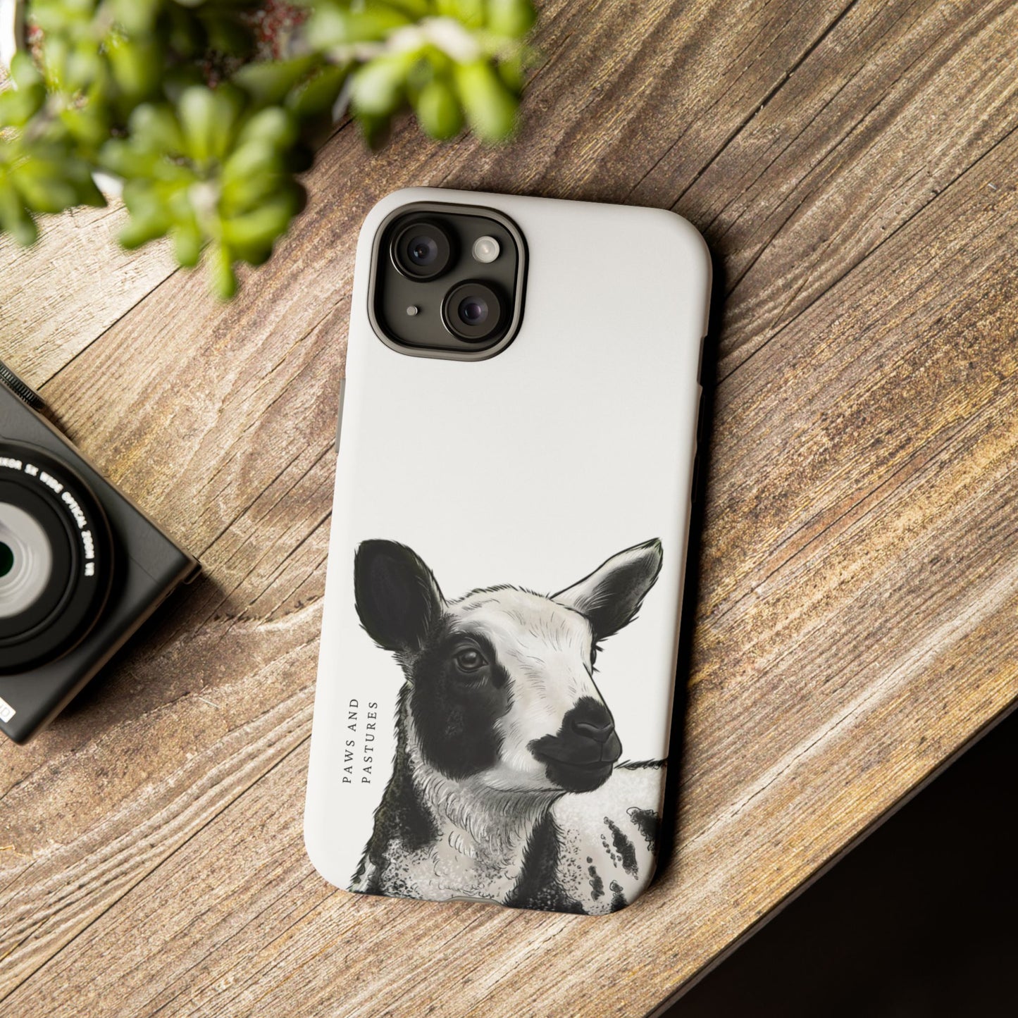 Dutch Spotted Sheep Portrait Phone Case - Black & White Lamb Illustration Protective Cover