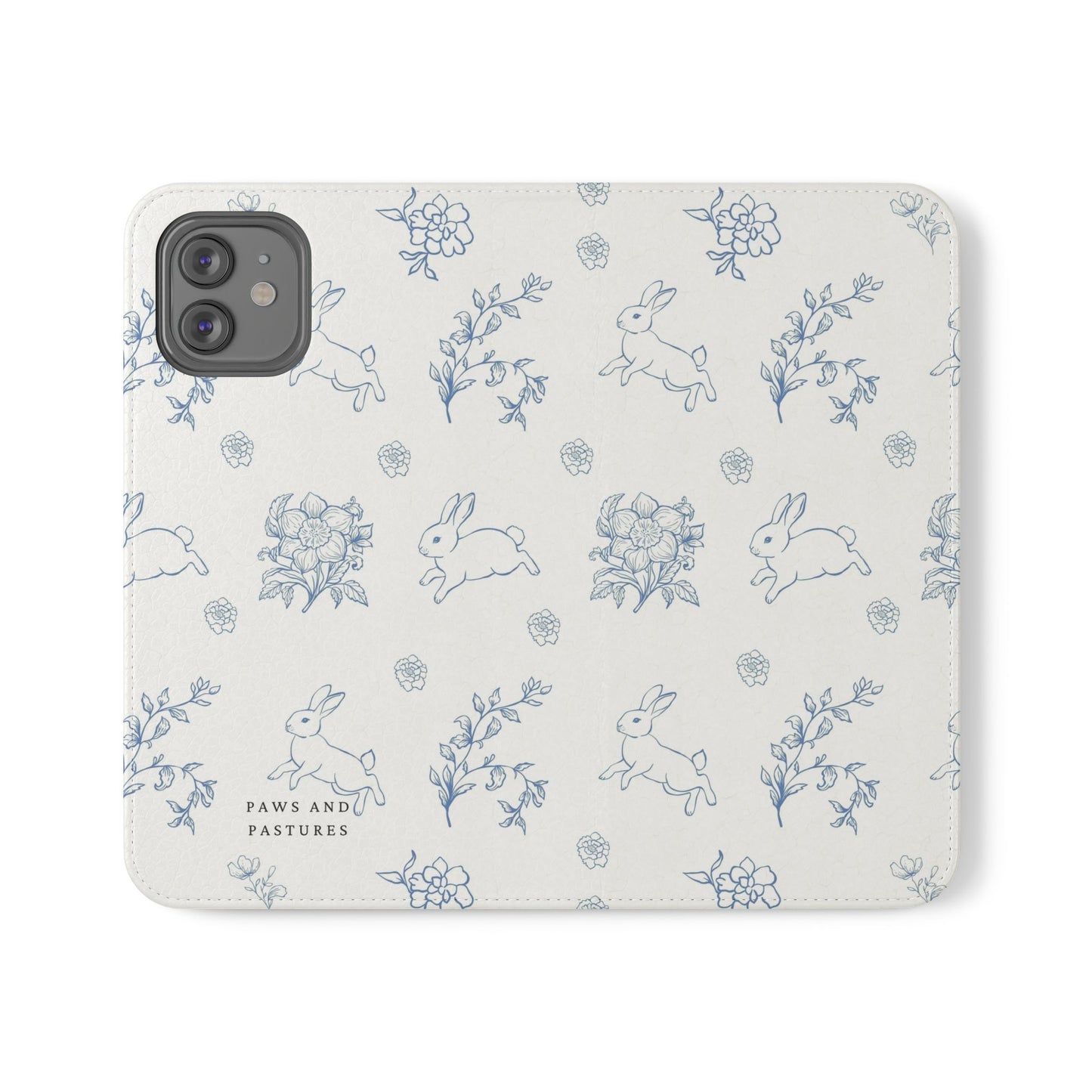 Bunny Pattern Flip Phone Case – Floral Blue Rabbit Wallet Cover