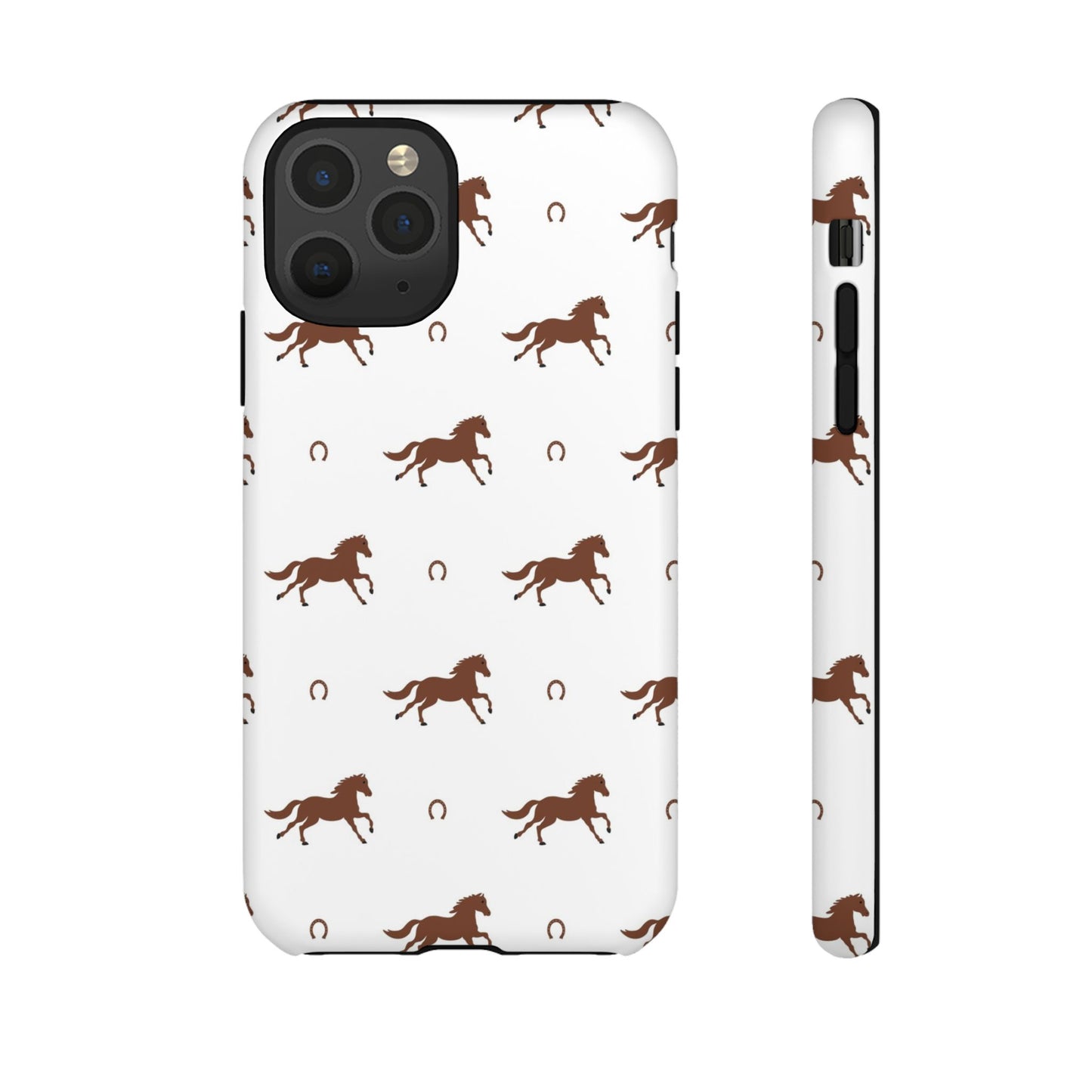 Horse Pattern Tough Phone Case — Brown Galloping Horses & Horseshoes on White