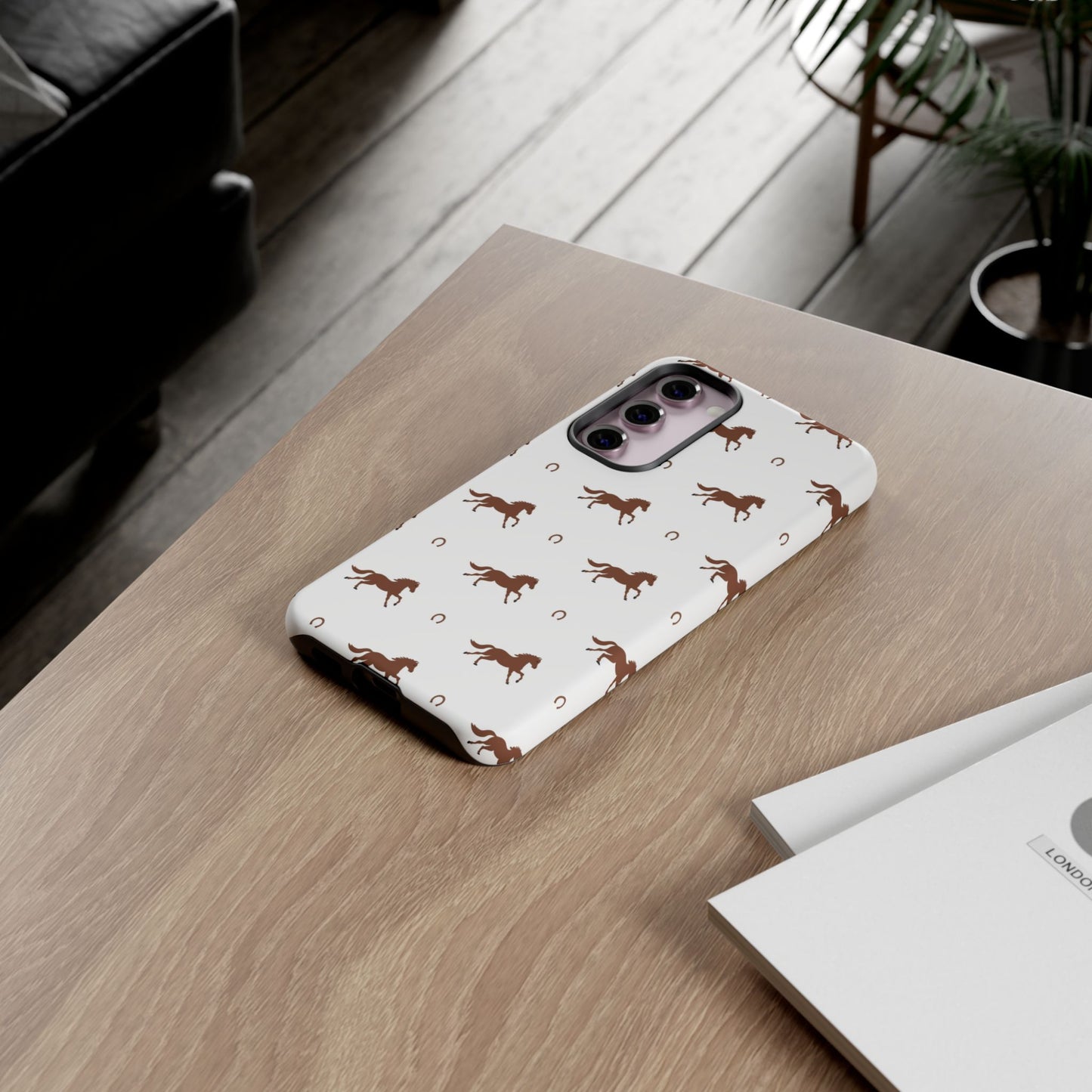 Horse Pattern Tough Phone Case — Brown Galloping Horses & Horseshoes on White