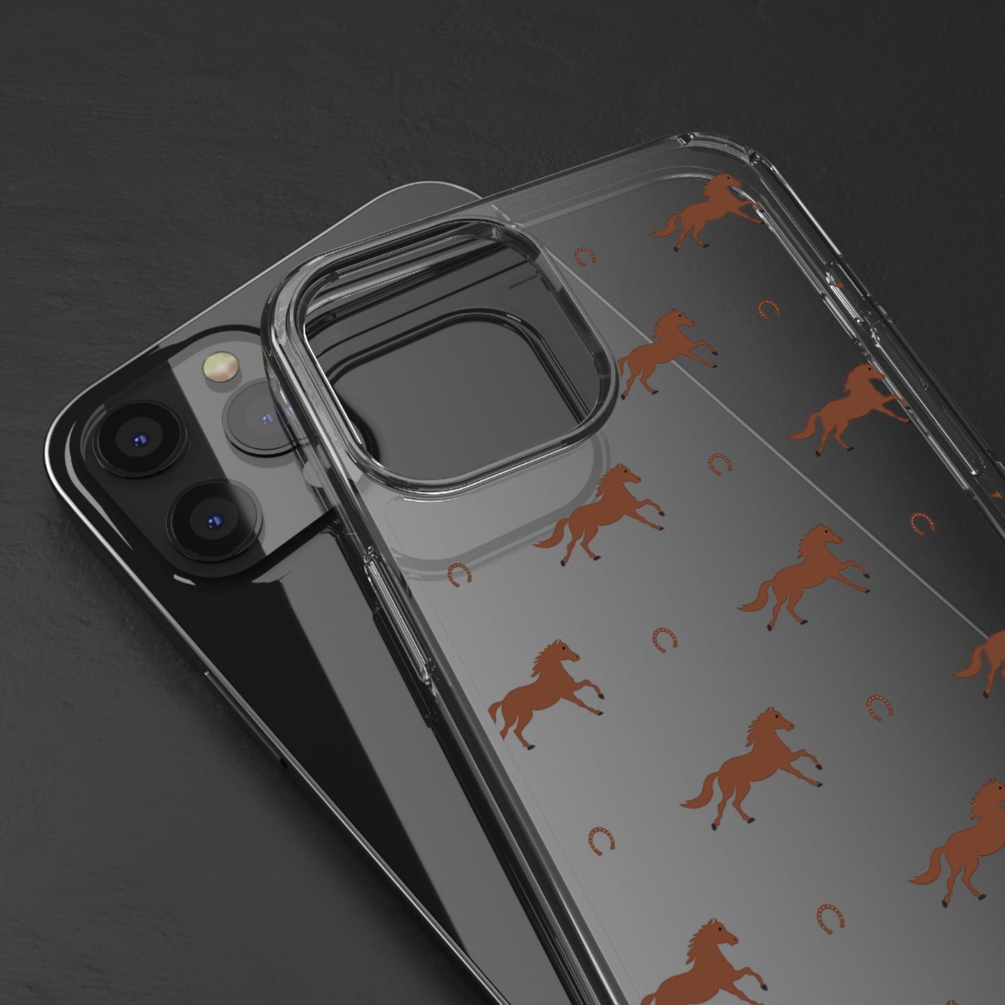 Horse Pattern Clear Phone Case — Equestrian Horses & Horseshoes Design