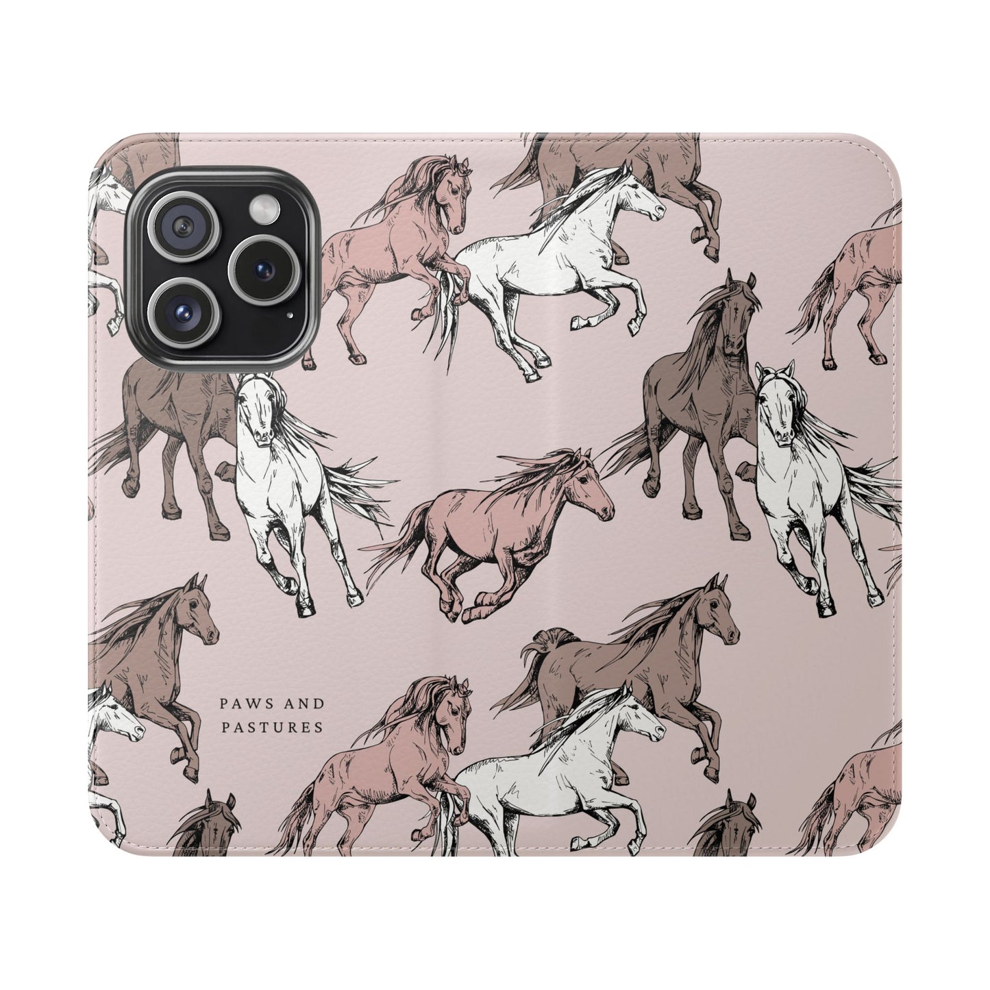 Horse Pattern Flip Phone Case — Pink Running Horses Wallet Cover
