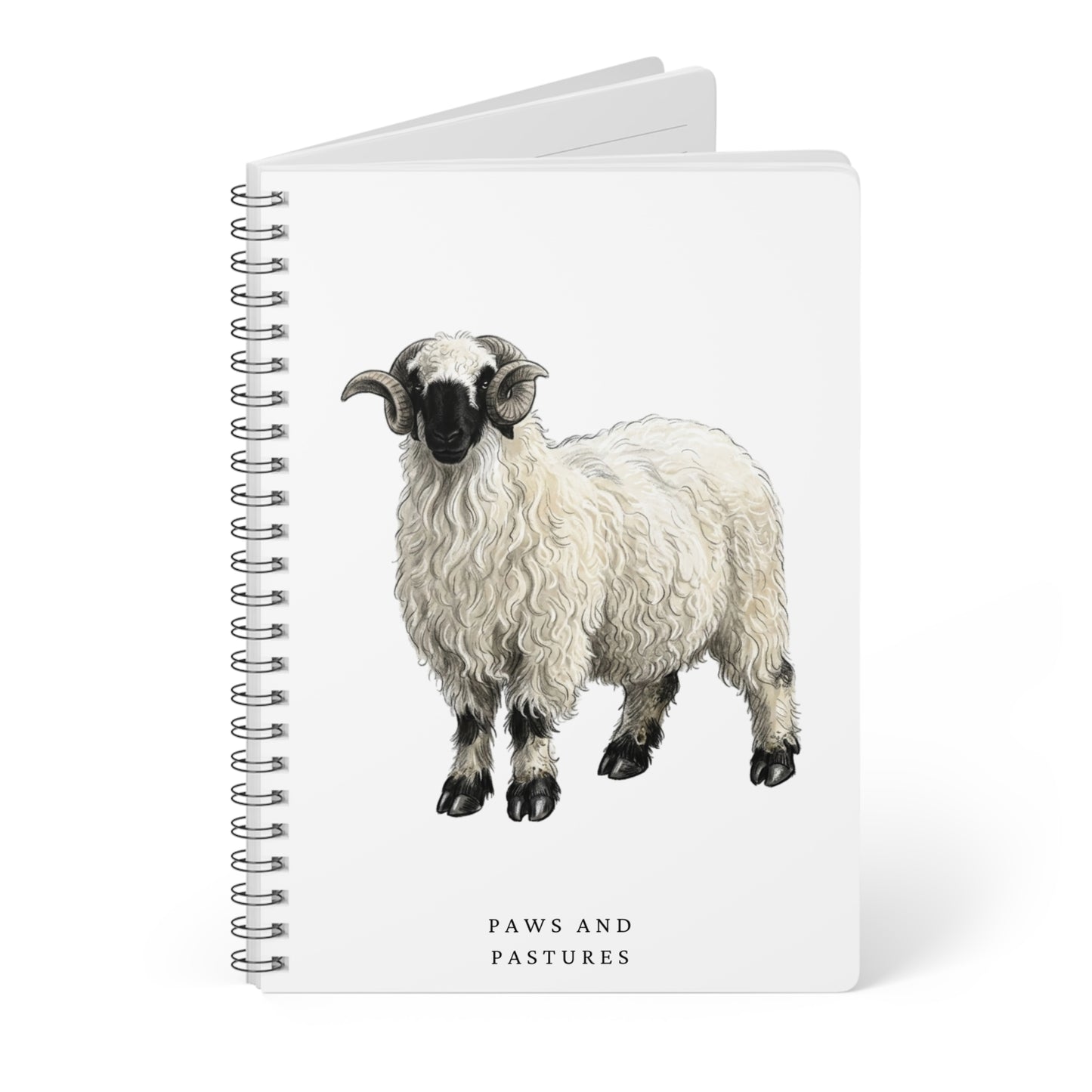 Valais Blacknose Sheep A5 Wirobound Notebook — Paws and Pastures Sheep Illustration