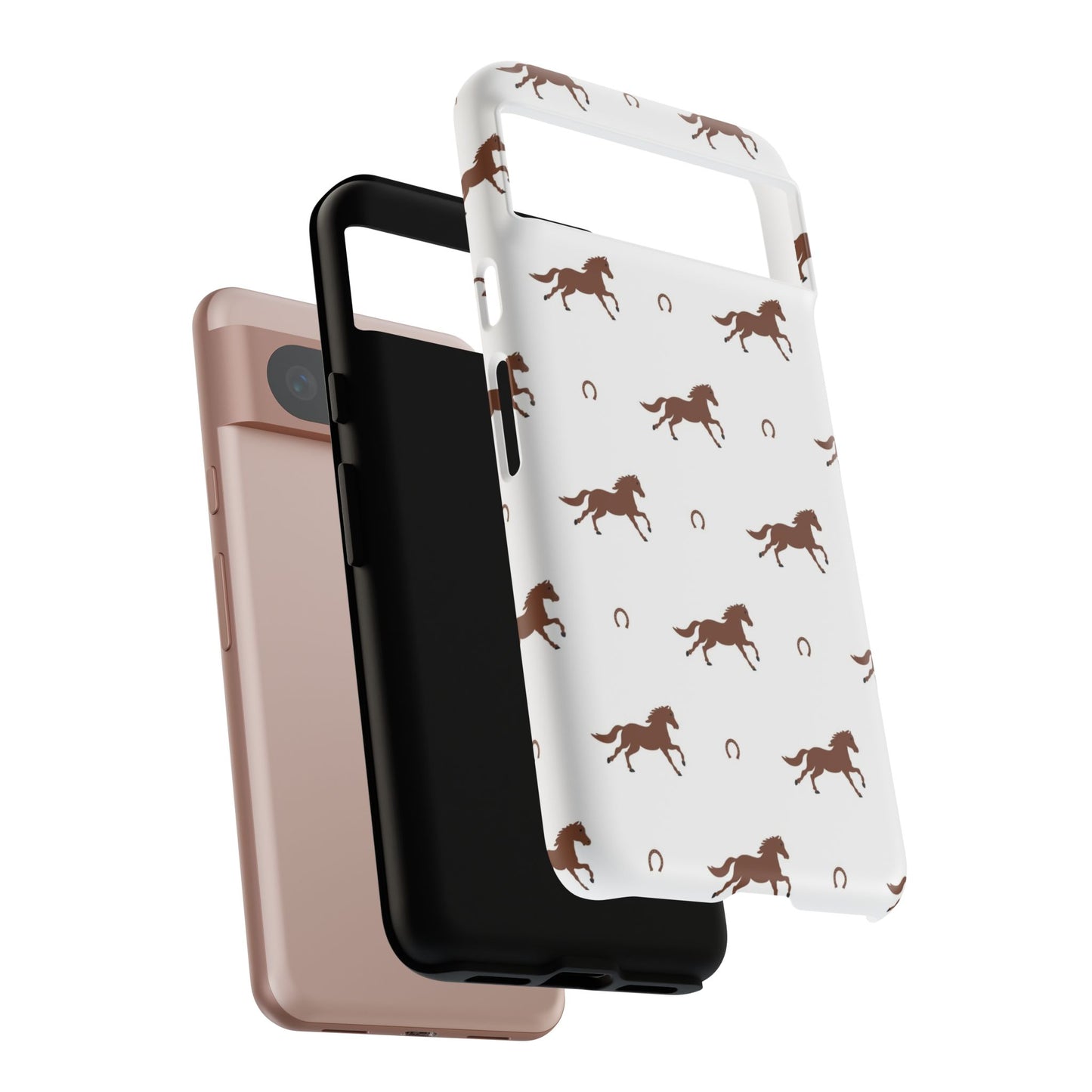 Horse Pattern Tough Phone Case — Brown Galloping Horses & Horseshoes on White