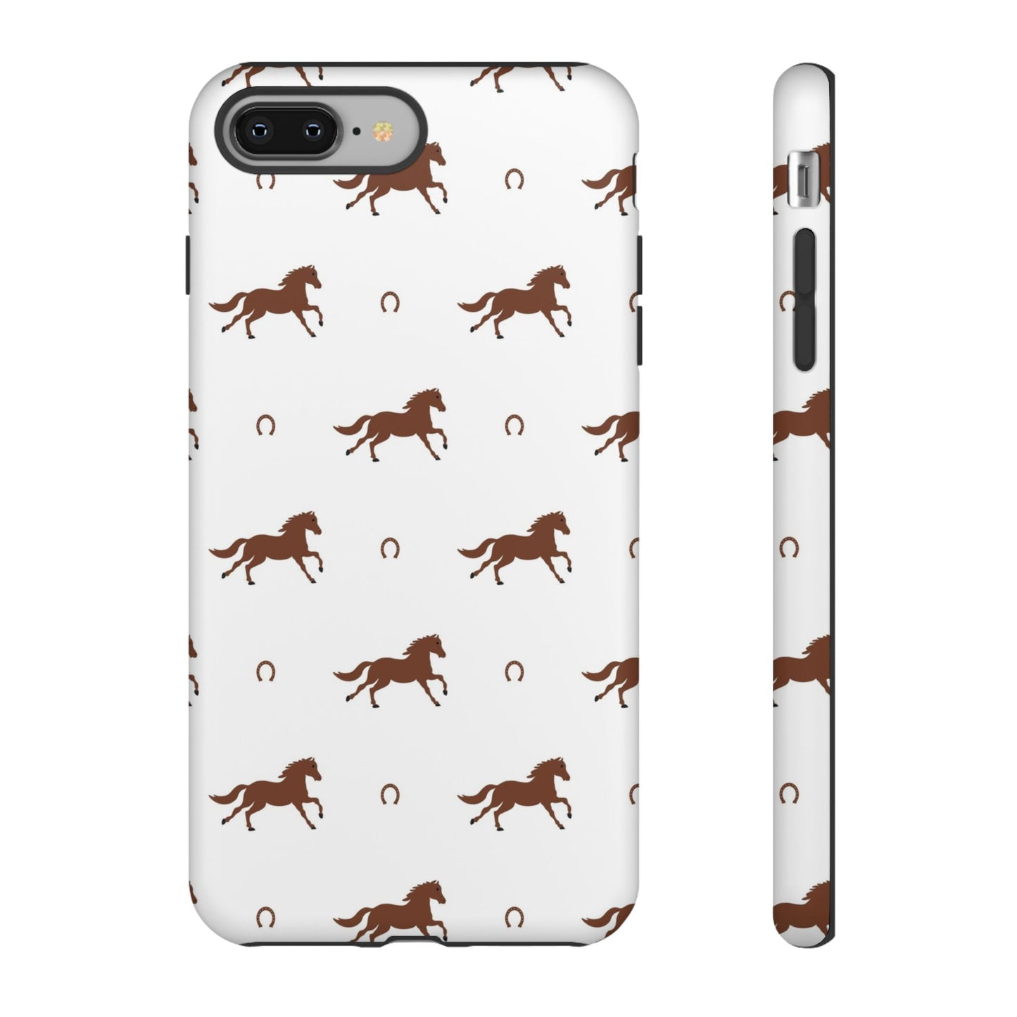Horse Pattern Tough Phone Case — Brown Galloping Horses & Horseshoes on White