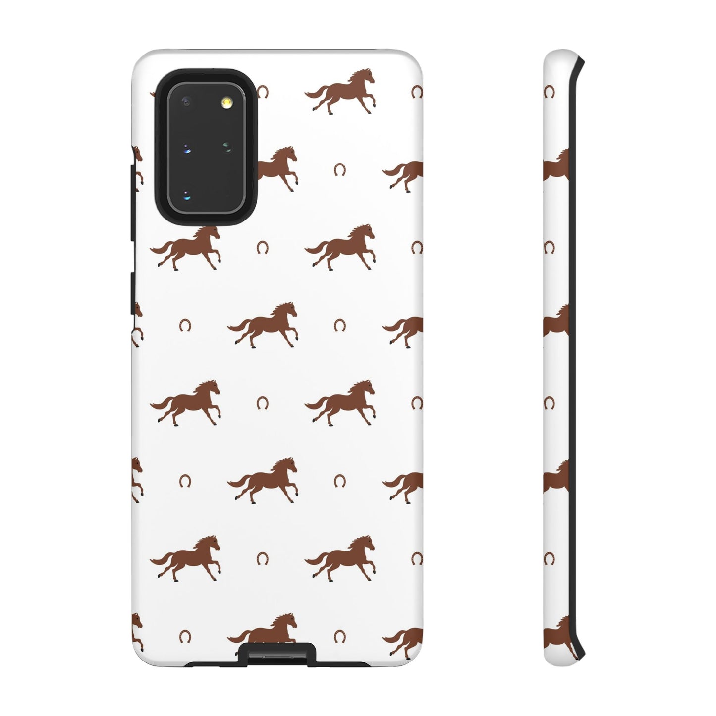 Horse Pattern Tough Phone Case — Brown Galloping Horses & Horseshoes on White
