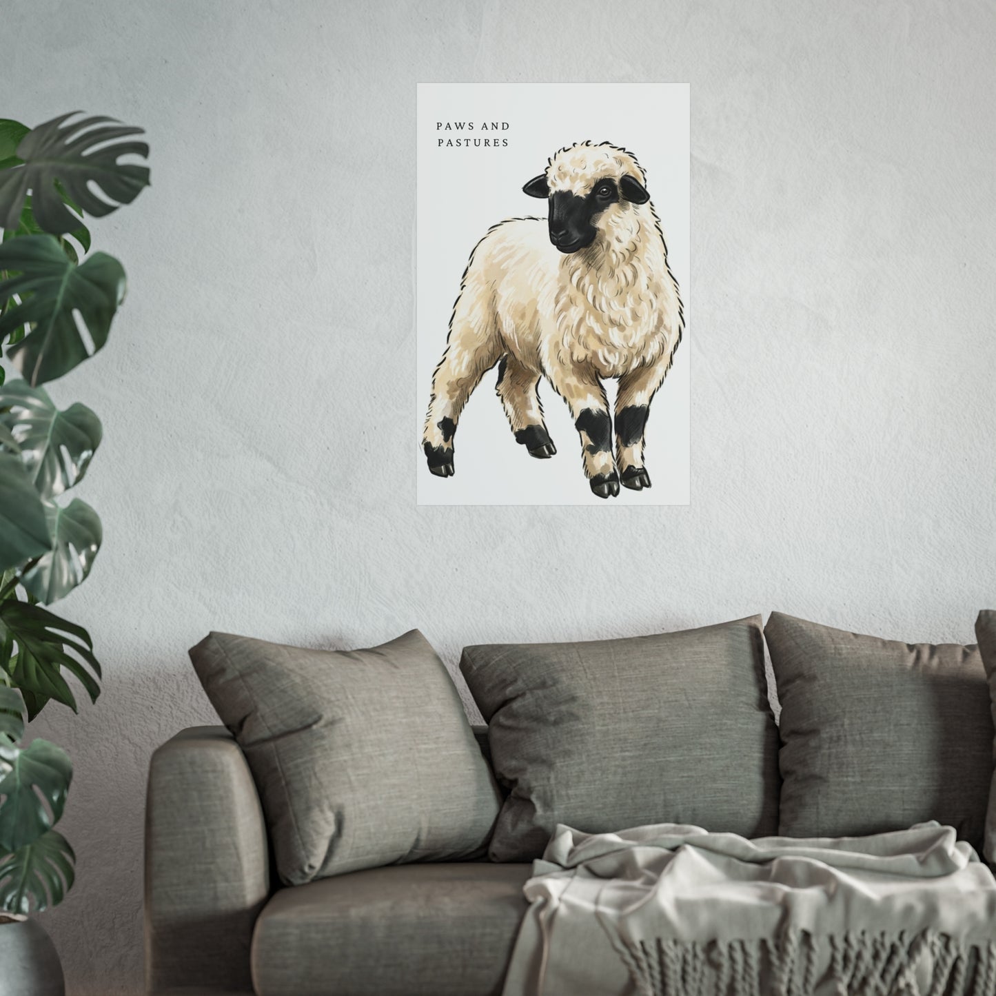 Valais Blacknose Sheep Portrait Fine Art Poster — 'Paws and Pastures' Rustic Farmhouse Wall Art