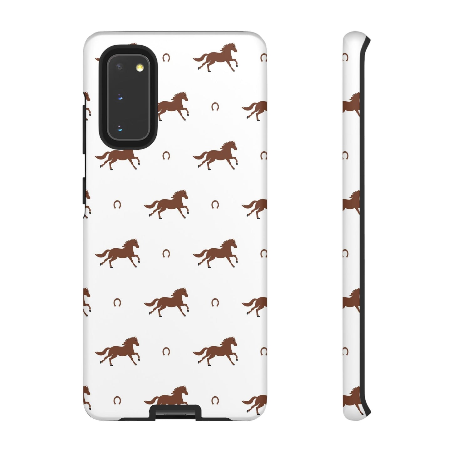 Horse Pattern Tough Phone Case — Brown Galloping Horses & Horseshoes on White