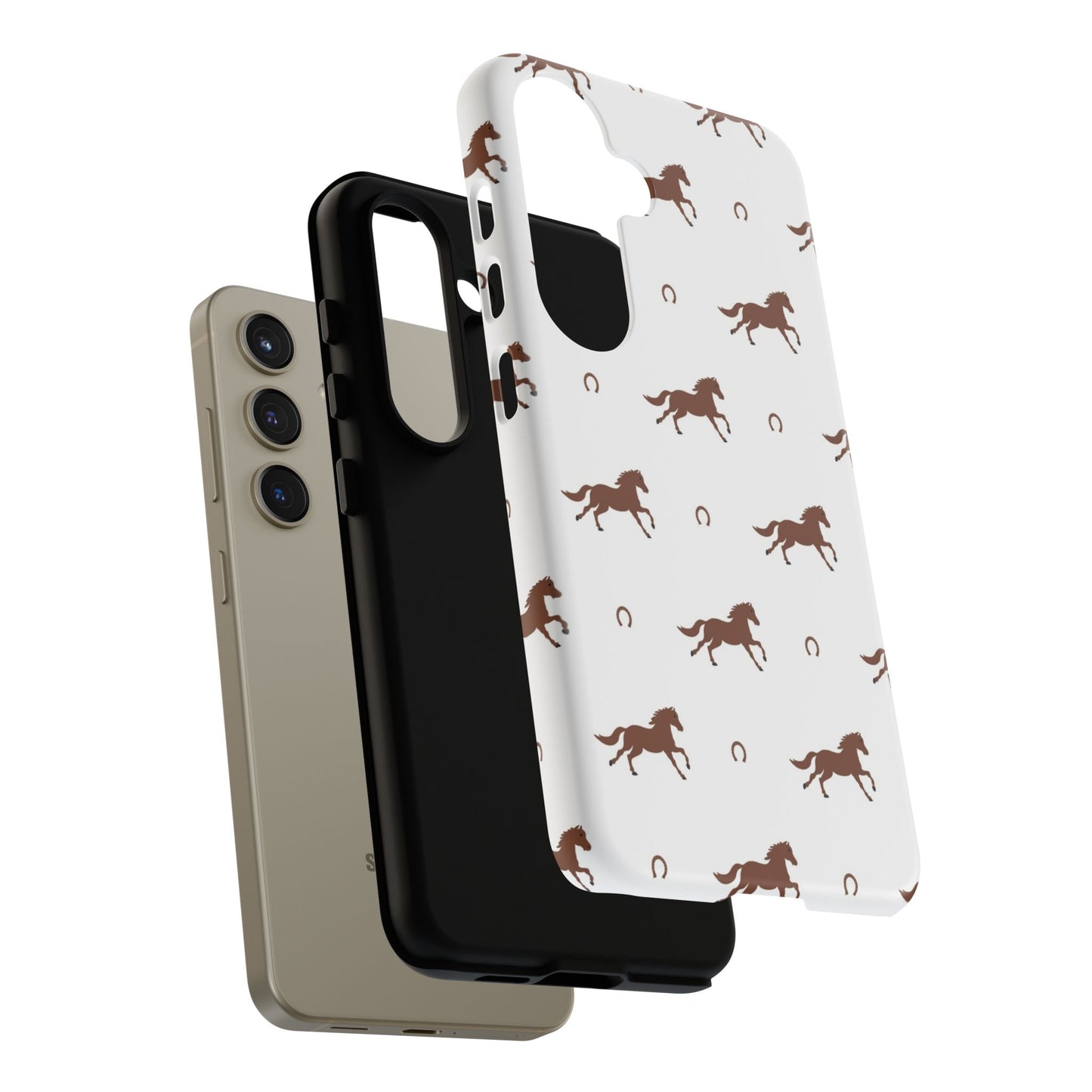 Horse Pattern Tough Phone Case — Brown Galloping Horses & Horseshoes on White