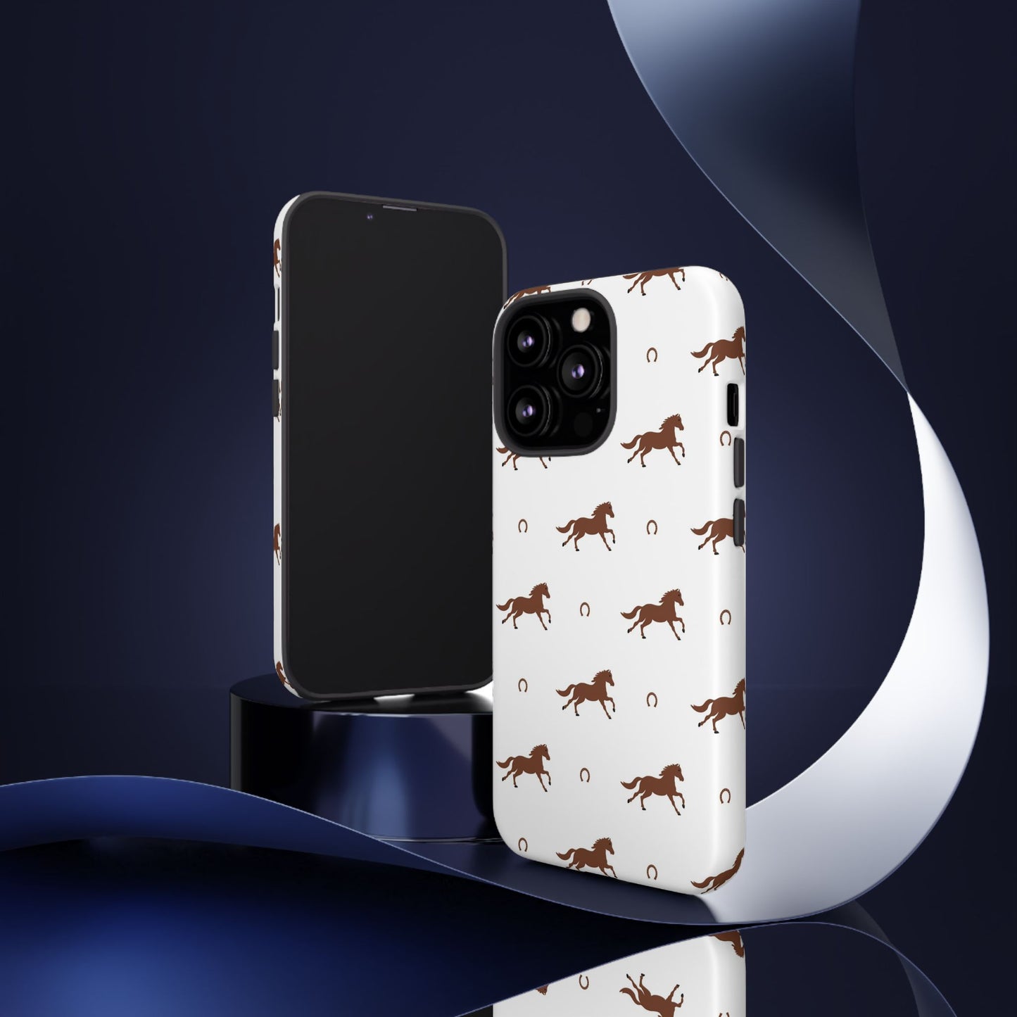 Horse Pattern Tough Phone Case — Brown Galloping Horses & Horseshoes on White