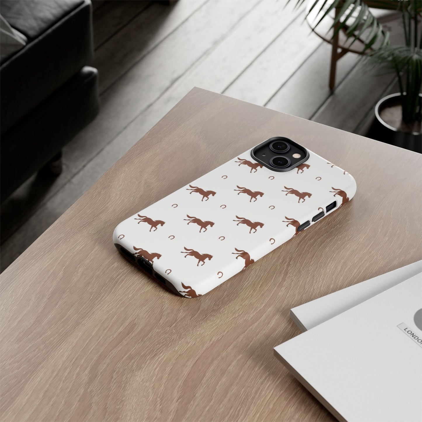 Horse Pattern Tough Phone Case — Brown Galloping Horses & Horseshoes on White