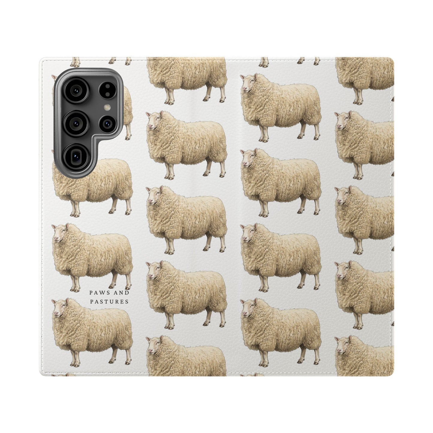Cheviot Sheep Pattern Flip Phone Case – Cute Pastoral Wallet Cover with Card Slots