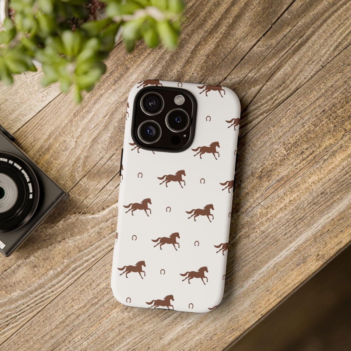 Horse Pattern Tough Phone Case — Brown Galloping Horses & Horseshoes on White
