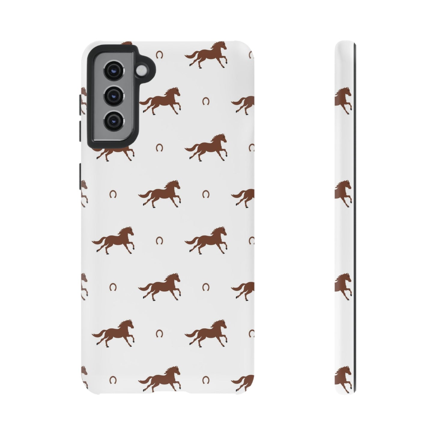 Horse Pattern Tough Phone Case — Brown Galloping Horses & Horseshoes on White