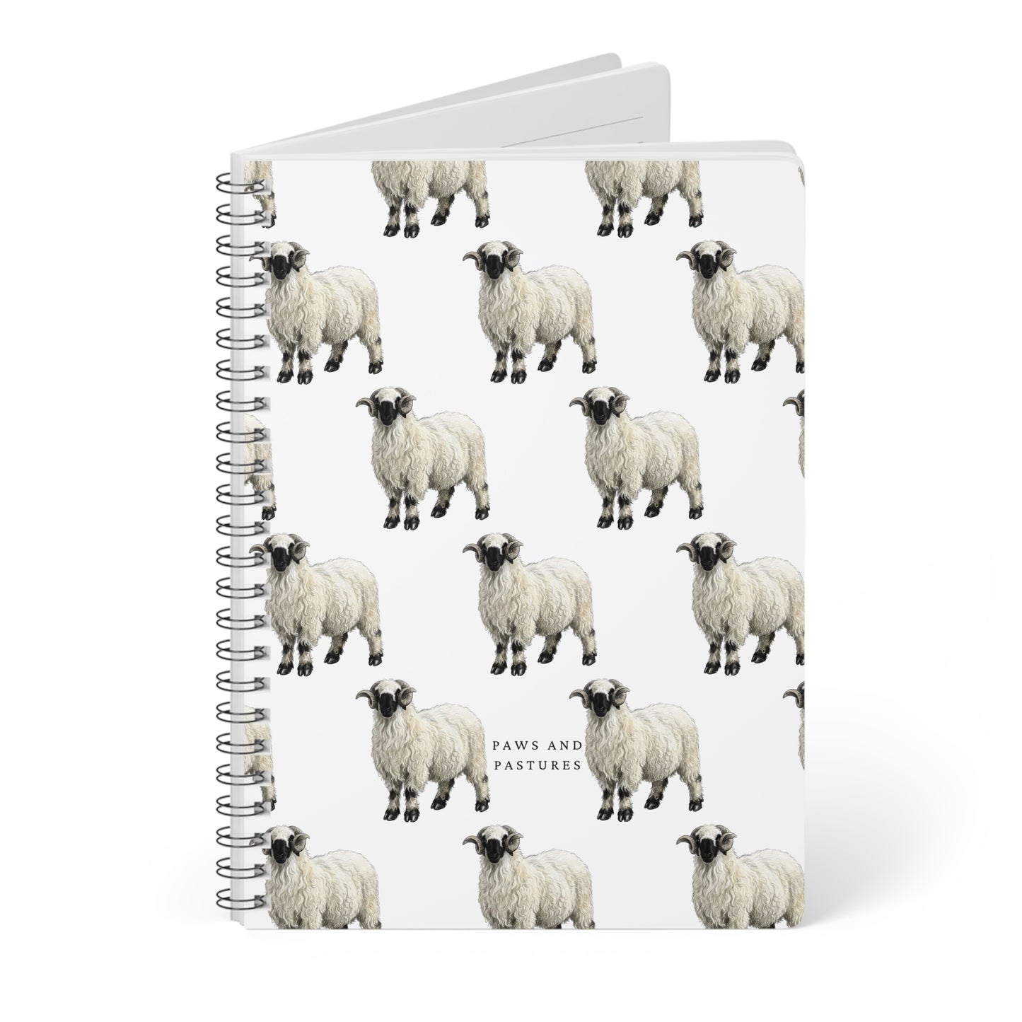 Valais Blacknose Sheep Pattern A5 Spiral Notebook — Cute Sheep Lined Journal "Paws and Pastures"