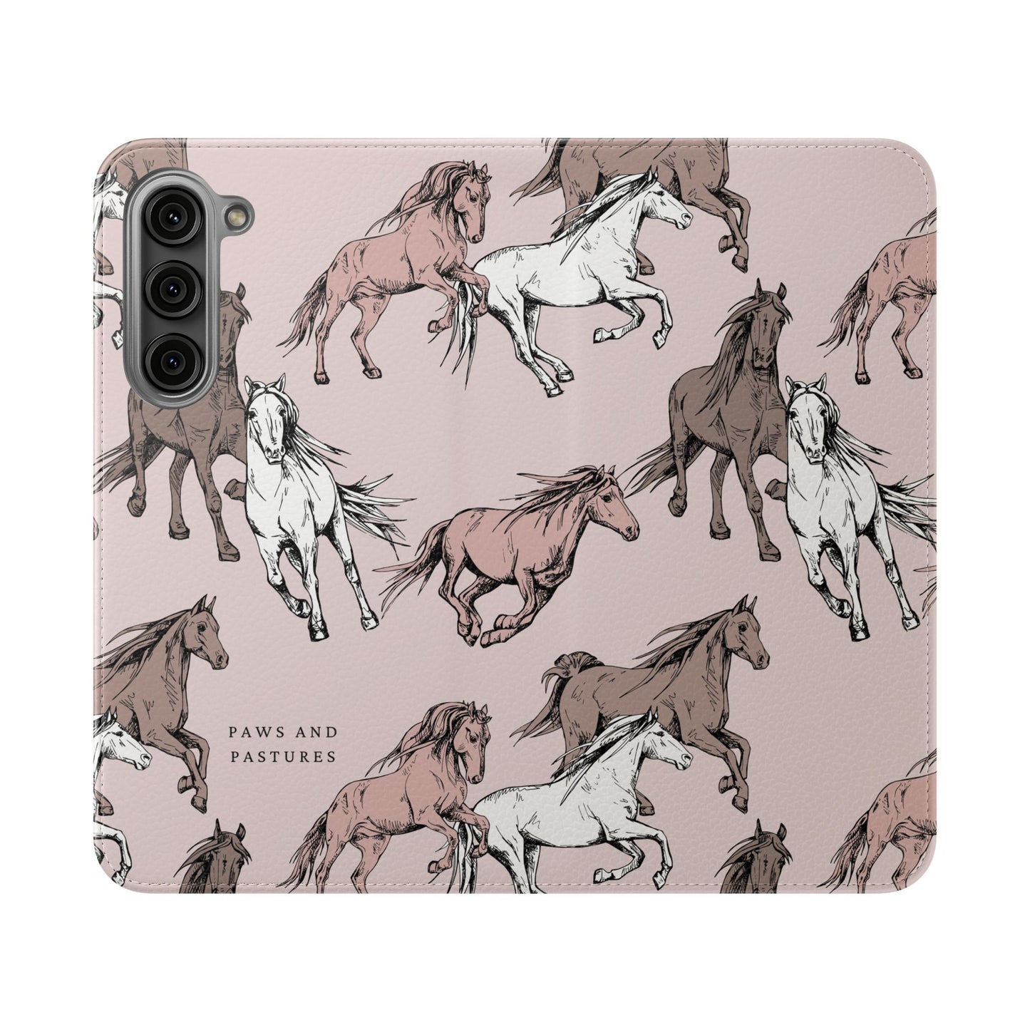 Horse Pattern Flip Phone Case — Pink Running Horses Wallet Cover