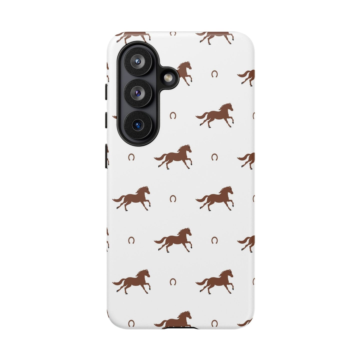 Horse Pattern Tough Phone Case — Brown Galloping Horses & Horseshoes on White