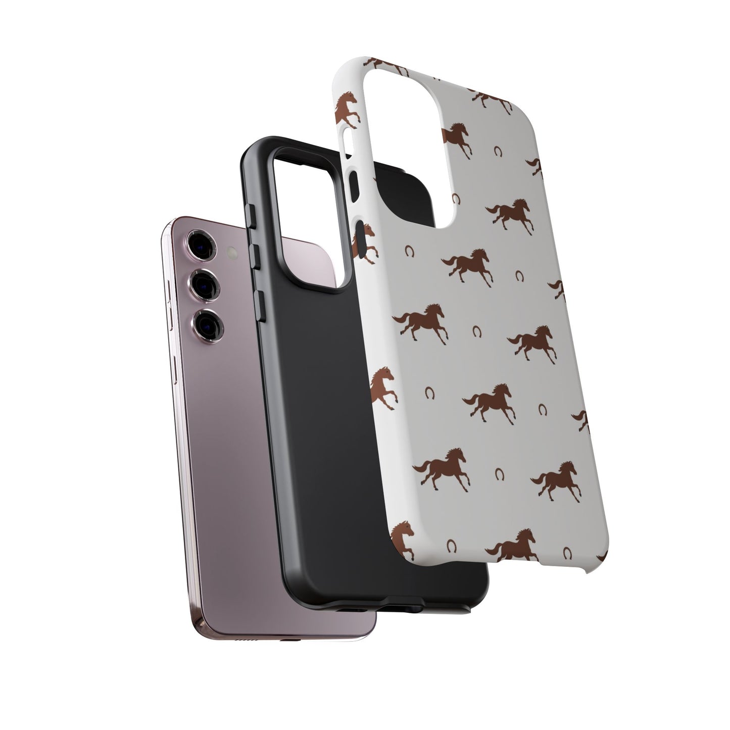 Horse Pattern Tough Phone Case — Brown Galloping Horses & Horseshoes on White