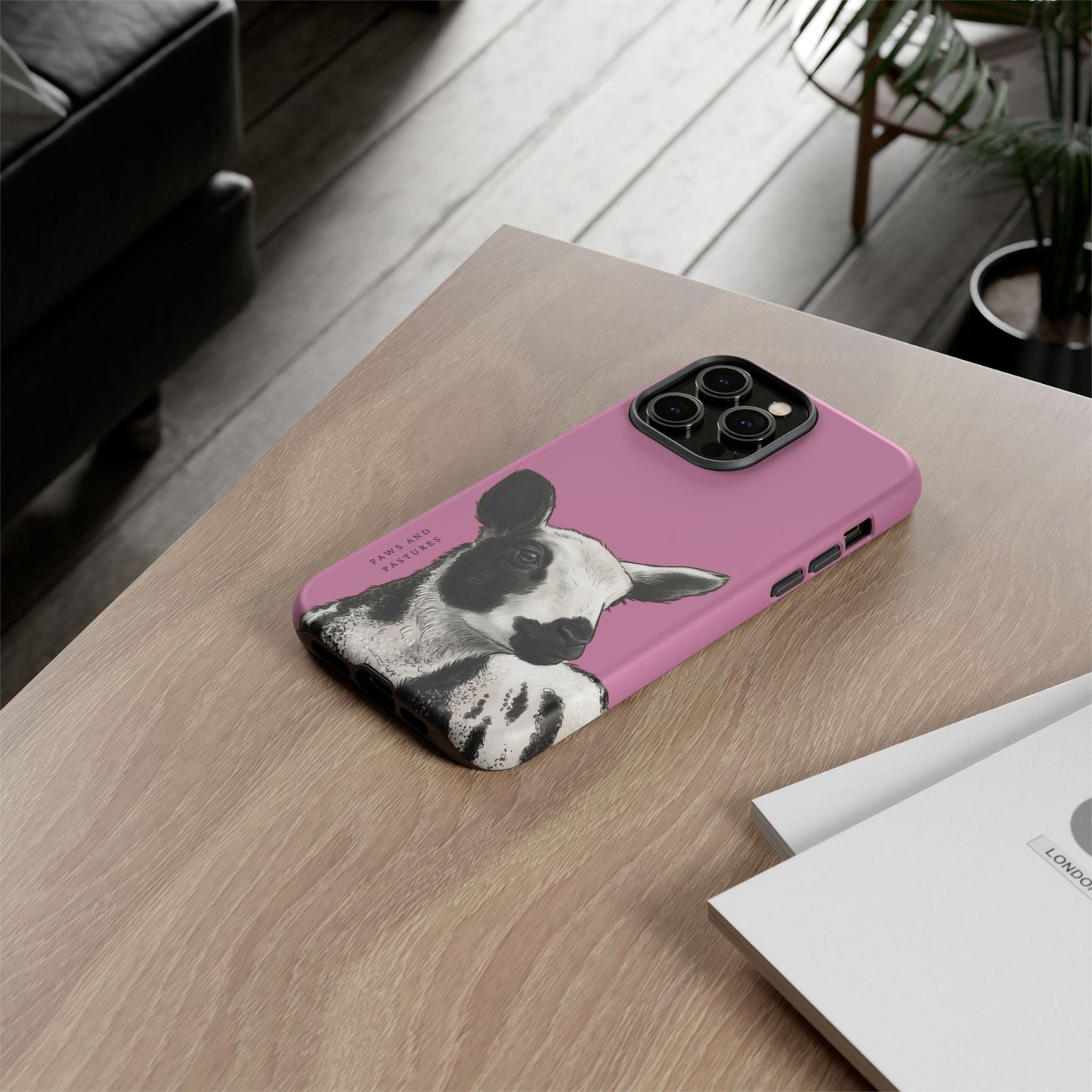 Pink Dutch Spotted Sheep Portrait Phone Case - Black & White Lamb Illustration Protective Cover